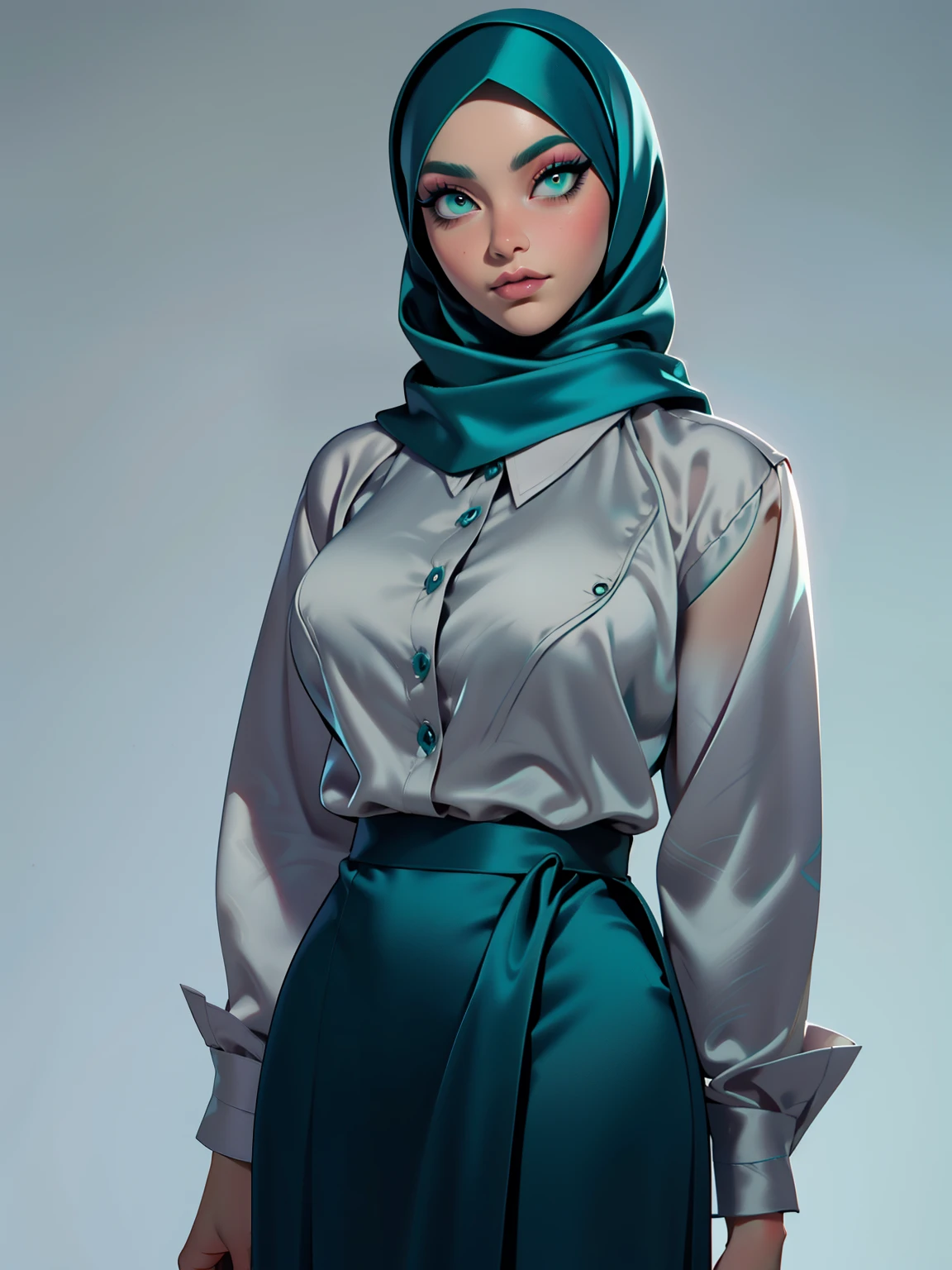 (Masterpiece, best quality) detailed, character sheet, ((a woman, beautifully makeup, eyeshadow, beautiful big eyes, long eye lashes, wearing (Teal satin hijab), ((gray satin shirt)), satin long maxi skirt)), photography, detailed skin, realistic, photo-realistic, 8k, highly detailed, full length frame, High detail RAW color art, diffused soft lighting, shallow depth of field, sharp focus, hyperrealism, cinematic lighting, yokai illustration style, Aztec art, full of details.