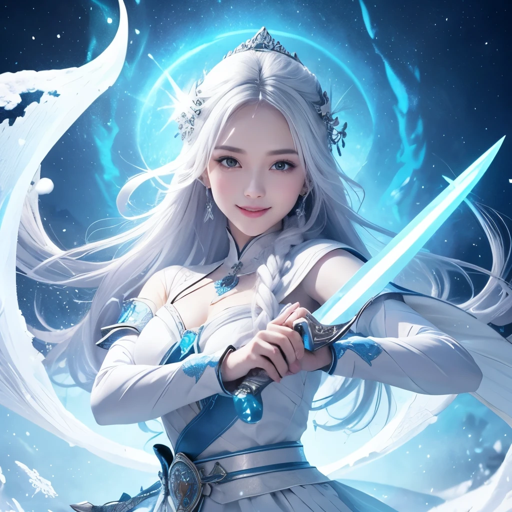 Drawing a snowy mountain sword, Sword with cold ice flame of woman in ancient style, Hold the sword that burns the blue flame, White clothes dancing swords in the snow Flowing long hair, Beauty with a silver longsword, Wearing jade jewelry, Her face is full of confident smiles, She floats in the clouds like a fairy, Behind her is a layer of mountains  