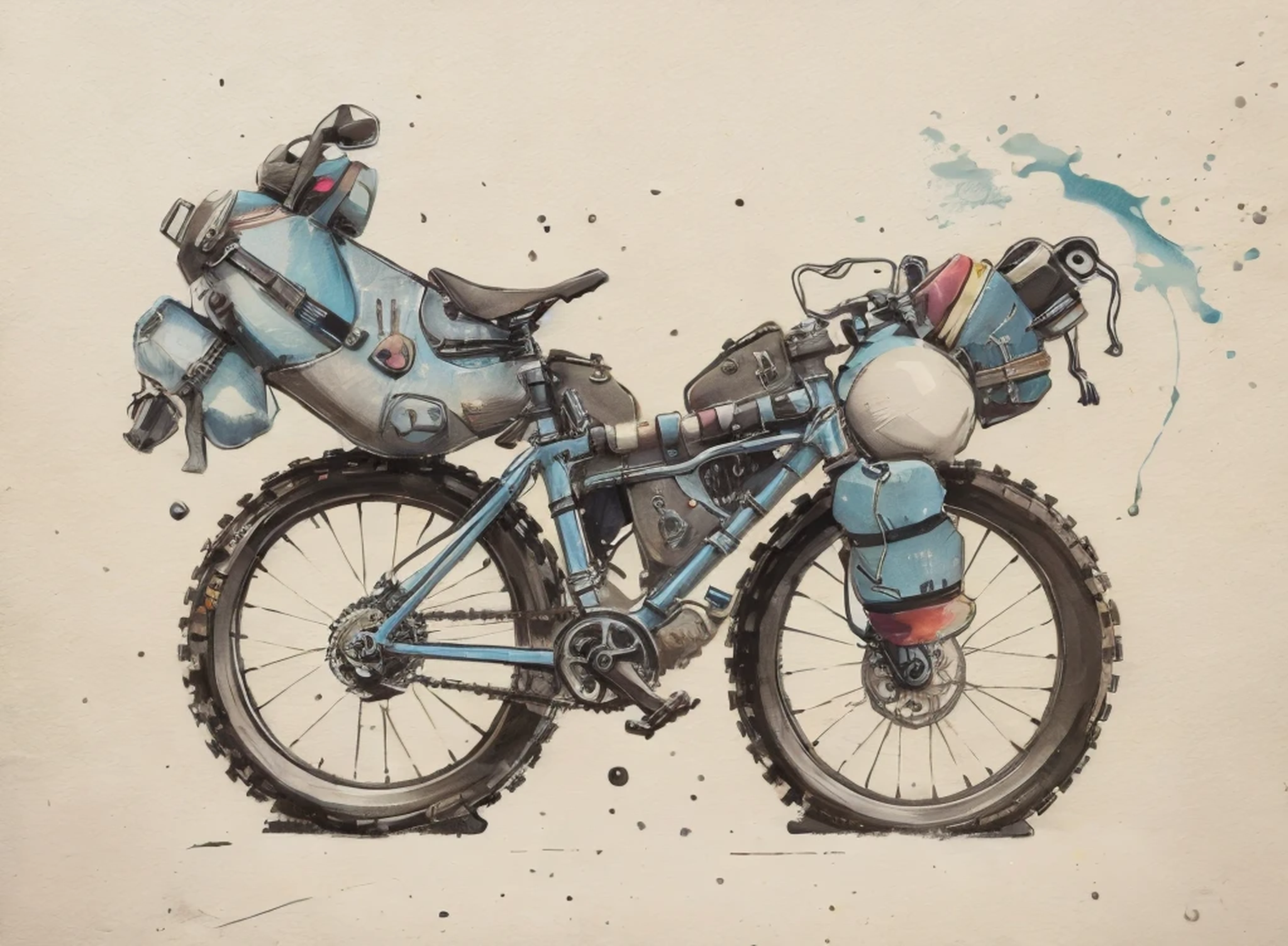 there is a drawing of a Bicicleta with a bunch of stuff on it, hoffman Bicicleta trip, vehicle illustration, Bicicleta, biCiclos, cursi y colorido, por Whitney Darrow, colored illustration, viajero, Equipo de aventura, inspirado por Mattias Adolfsson, Ciclos, turismo, motociclista, por Joe Stefanelli, full color illustration, ciclismo!!, Boceto del explorador