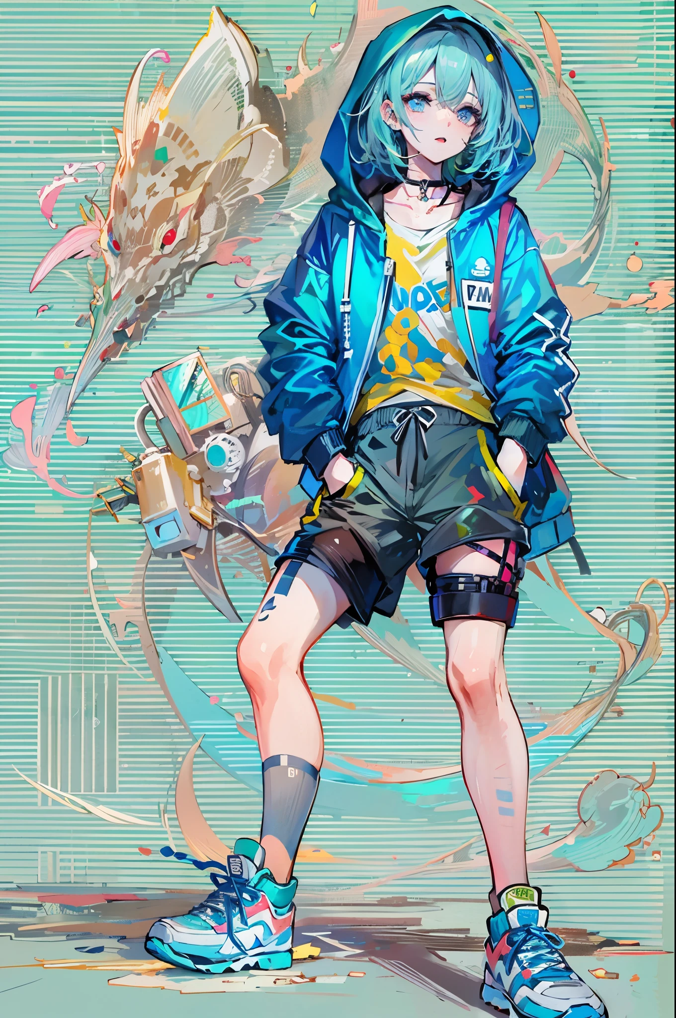 ((8K resolution))、((highest quality))、((masterpiece))、((super detailed))、1 female、solo、incredibly absurd、oversized hoodie、headphones、street、outdoor、rain、neon、short cut hair、bright colored eyes、put one's hand in one's pocket、shorts、water dripping, step piece, cool blue open short jacket, tattoo, Messy Fade Cut Hair,quirky sneakers,Eyeshadow on the eyes,unusual colored eyes, Vivid eyes,