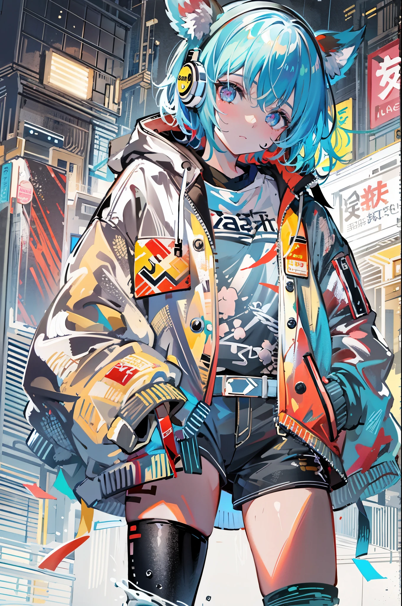 ((8K resolution))、((highest quality))、((masterpiece))、((super detailed))、1 female、solo、incredibly absurd、oversized hoodie、headphones、street、outdoor、rain、neon、short cut hair、bright colored eyes、put one&#39;s hand in one&#39;s pocket、shorts、water dripping, step piece, cool blue open short jacket, tattoo, Messy Fade Cut Hair,quirky sneakers,Eyeshadow on the eyes,unusual colored eyes, Vivid eyes,