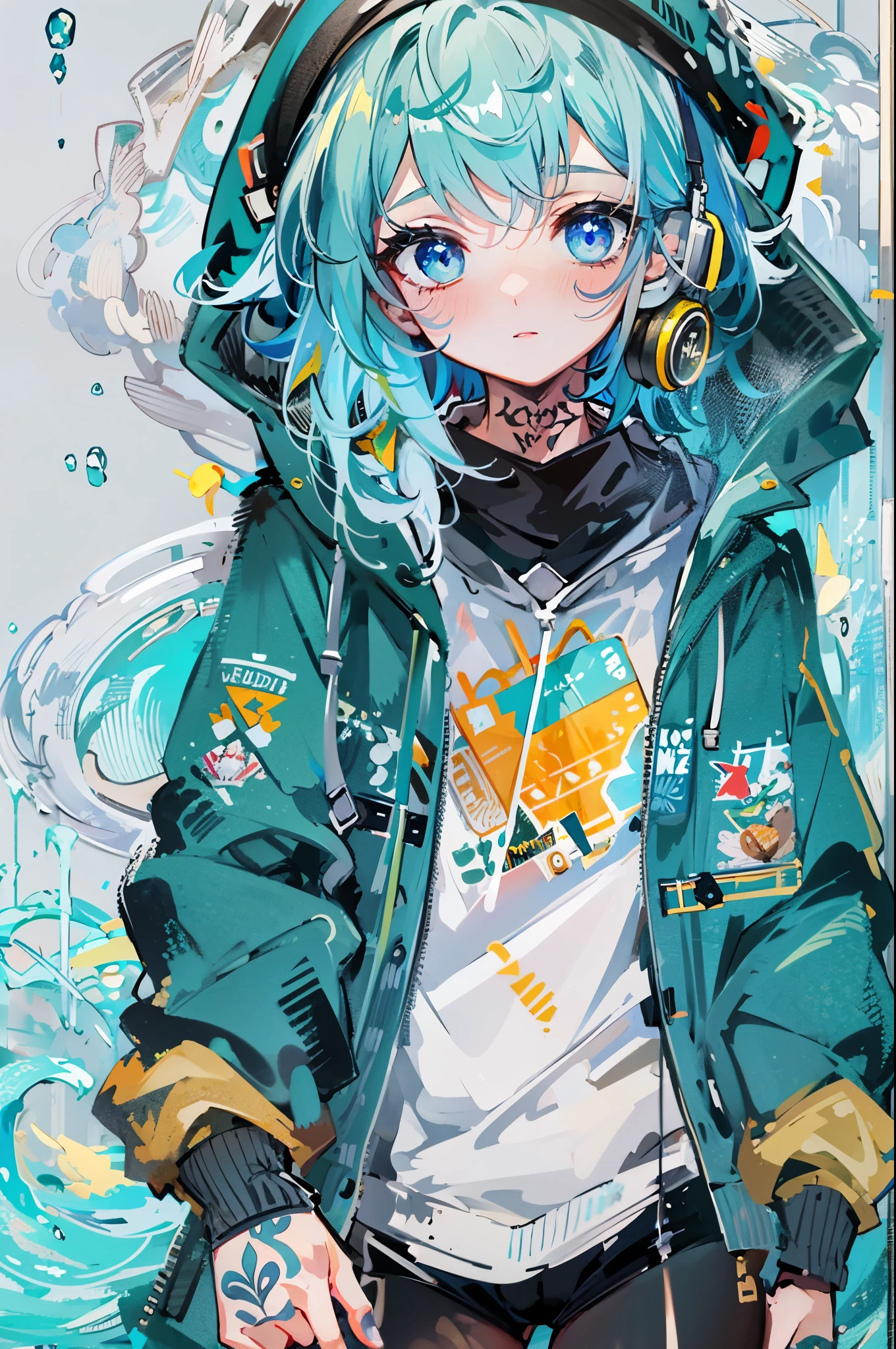 ((8K resolution))、((highest quality))、((masterpiece))、((super detailed))、1 female、solo、incredibly absurd、oversized hoodie、headphones、street、outdoor、rain、neon、short cut hair、bright colored eyes、put one&#39;s hand in one&#39;s pocket、shorts、water dripping, step piece, cool blue open short jacket, tattoo, Messy Fade Cut Hair,quirky sneakers,Eyeshadow on the eyes,unusual colored eyes, Vivid eyes,