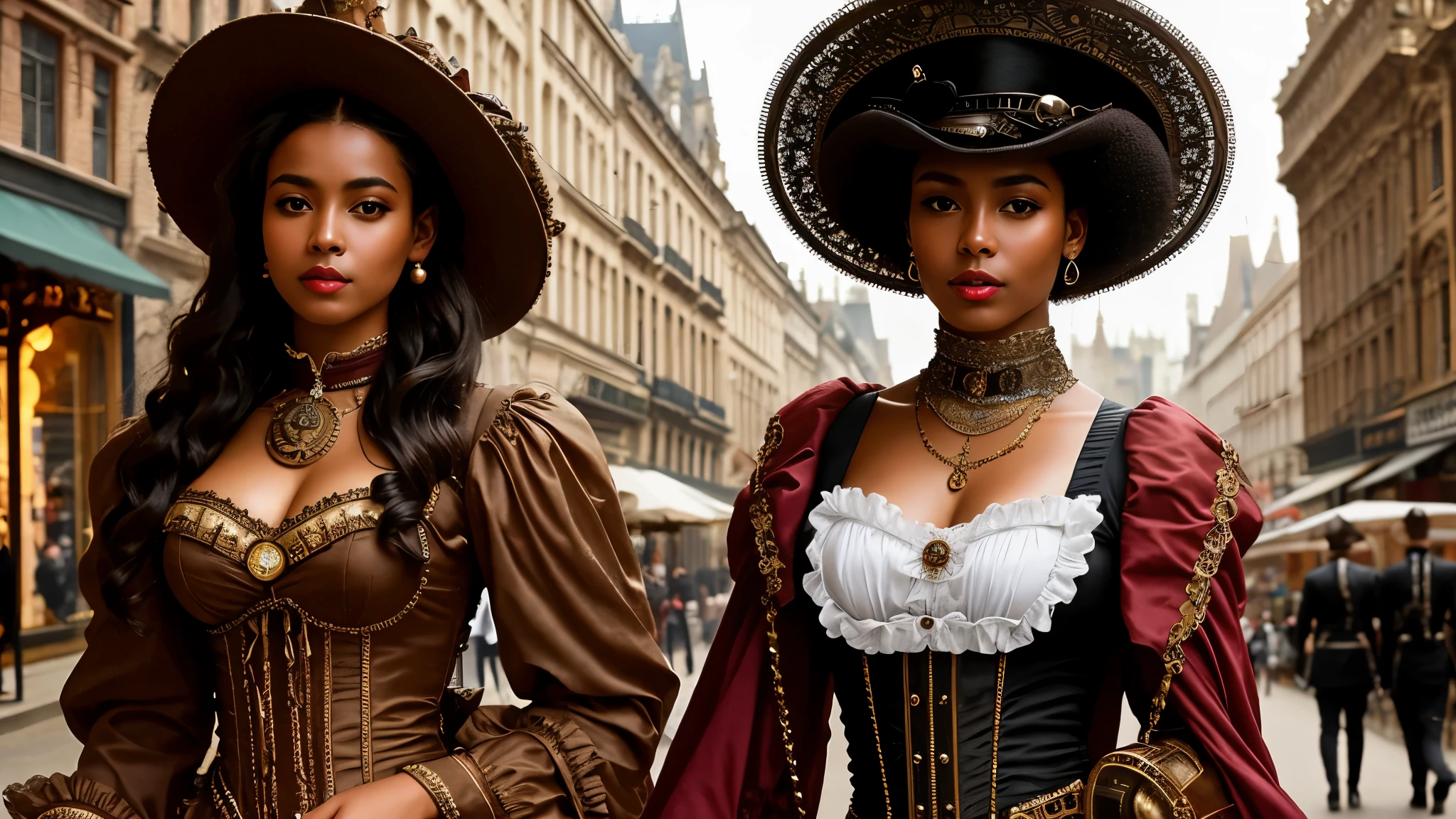 Best possible quality, high resolution 8k, close-up,most Beautiful African woman in a dress and hat walking down the street, tanned skin, fine hat,elegant, Victorian dusk,Victorian fantasy art, Victorian inspired science fiction, steampunk fantasy style, steampunk fantasy,  Victorian lady, Victorian city, Victorian style costume, intricate Victorian dress, Victorian Inspired Clothing, Garter Holder, Fine Art Fashion Photography, Steampunk Fiction, Steampunk Aesthetic, Fantasy Genre Portrait, Fine Art Fashion Magazine Style