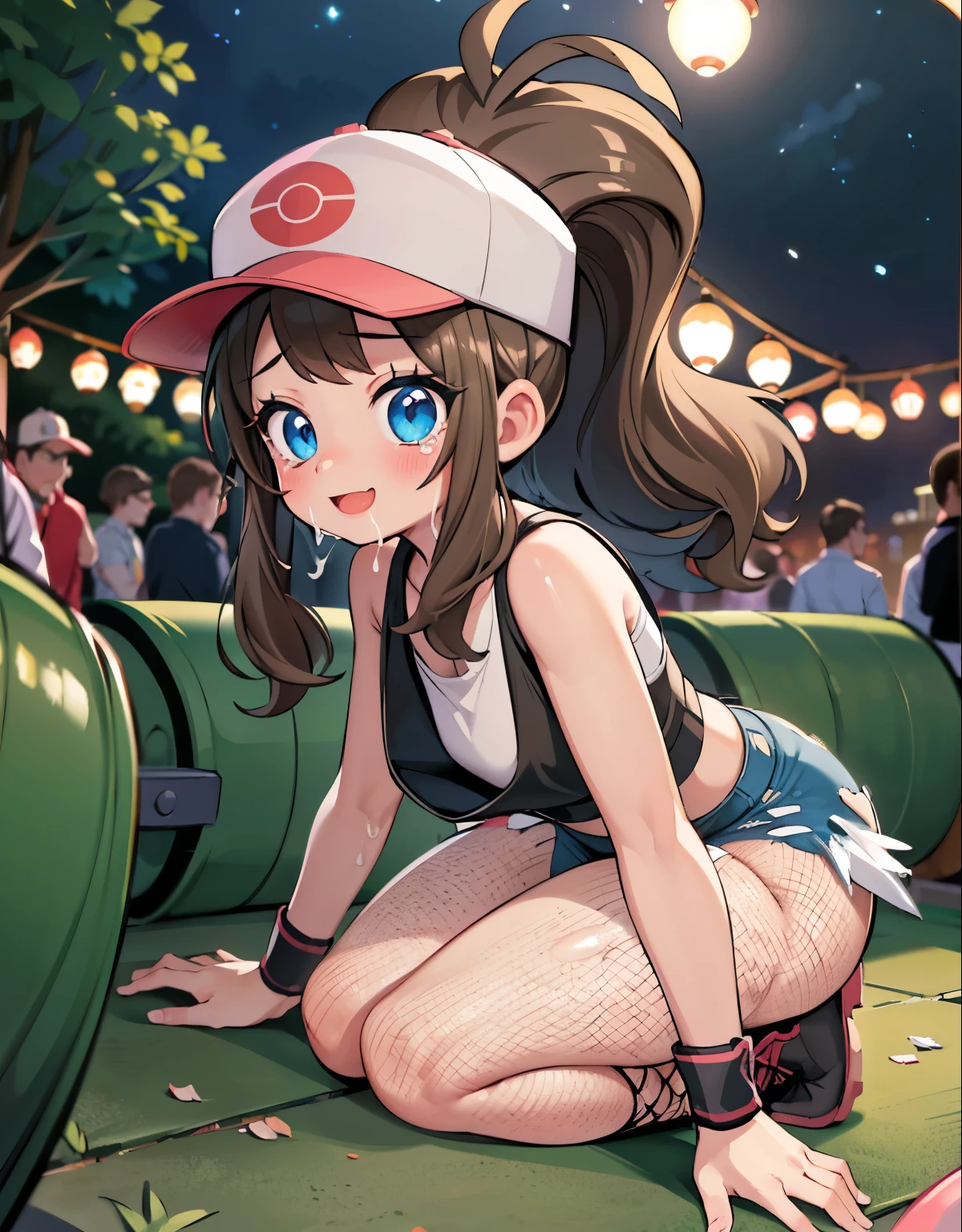 (best quality, highres, masterpiece:1.2), ultra-detailed, realistic:1.37, sketches, hilda pokemon, def1, curvy girl, legs together, curvy, visible thighs, chubby thighs, thighs in the foreground, fishnet, fishnets, pantyhose fishnet, body shape, Ahegao, sitting on a wooden public bench, in a dark public park, night, watched by a crowd of men, dirty place, beer bottles, trash on the floor, graffiti on the wall) vibrant colors, ahegao look, fearful, afraid, nervous smile, looking_at_viewer,  wide hips, high angle shot, fullbody, nsfw, cry, facial, cum on face