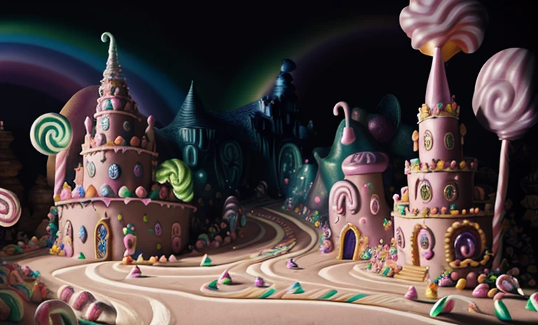 (best quality:1.3), an(Enchanted:1.3) (magic:1.3) (castle), Full background, (candyland:1.5), ice cream, No humans, Fantasy, rainbow, balloon, sharp focus, rich and colorful, (shining:1.2), natural lighting, A piece of cake, candy, atmosphere, (bloom:0.4), pastel colors,