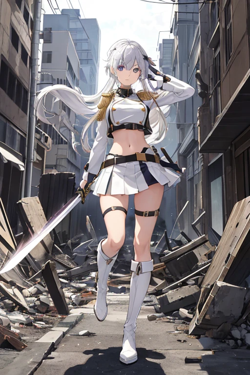 secondary elements、White combat uniform、teenager、beautiful girl、Navel exposed、short skirt、1 girl,medium breasts,towards the audience,long silver hair,purple eyes,whole body,Military uniform,uniform,have,white skirt,burn,Togare,Are standing,(Togare),右手に持ったsword,rubble,Collapsed buildings,burn,Remains,(carcass:1.1),長いsword,sword,fierce fire, superior,white long boots、thighs thighs thighs、shiny skin