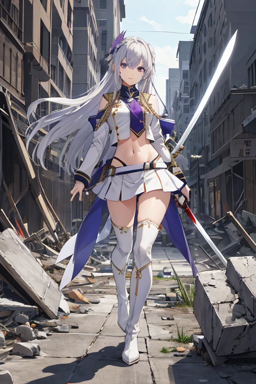 secondary elements、White combat uniform、teenager、beautiful girl、Navel exposure、short skirt、1 girl,medium breasts,Towards the audience,long silver hair,purple eyes,whole body,Military uniform,uniform,have,white skirt,Burn,Togare,Are standing,(Togare),右手に持ったsword,rubble,Collapsed buildings,Burn,Remains,(carcass:1.1),長いsword,sword,Fierce fire, Excellent,white long boots、thighs thighs、shiny skin