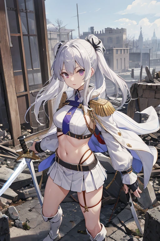 secondary elements、White combat uniform、teenager、beautiful girl、Navel exposure、short skirt、1 girl,medium breasts,Towards the audience,long silver hair,purple eyes,whole body,Military uniform,uniform,have,white skirt,Burn,Togare,Are standing,(Togare),右手に持ったsword,rubble,Collapsed buildings,Burn,Remains,(carcass:1.1),長いsword,sword,Fierce fire, Excellent,white long boots、thighs thighs、shiny skin
