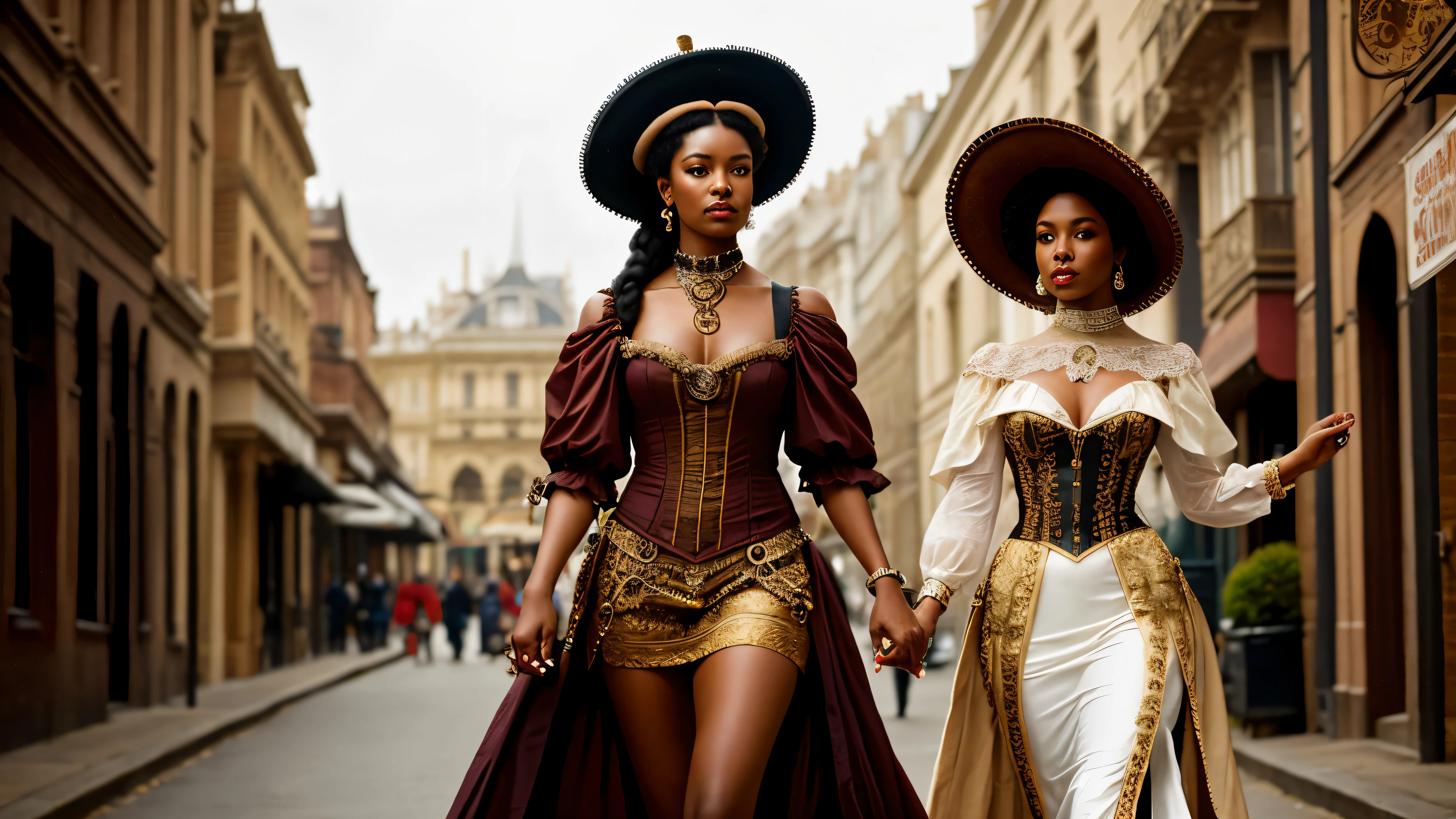 Best possible quality, high resolution 8k, close-up,most Beautiful African woman in a dress and hat walking down the street, tanned skin, fine hat,elegant, Victorian dusk,Victorian fantasy art, Victorian inspired science fiction, steampunk fantasy style, steampunk fantasy,  Victorian lady, Victorian city, Victorian style costume, intricate Victorian dress, Victorian Inspired Clothing, Garter Holder, Fine Art Fashion Photography, Steampunk Fiction, Steampunk Aesthetic, Fantasy Genre Portrait, Fine Art Fashion Magazine Style