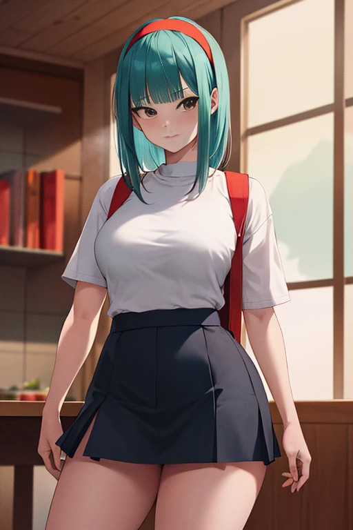 masterpiece, best quality, highres, dragon ball, blmmid, aqua hair, medium hair, blunt bangs, red hairband, medium breasts, shirt, skirt, cowboy shot, indoors, standing,
