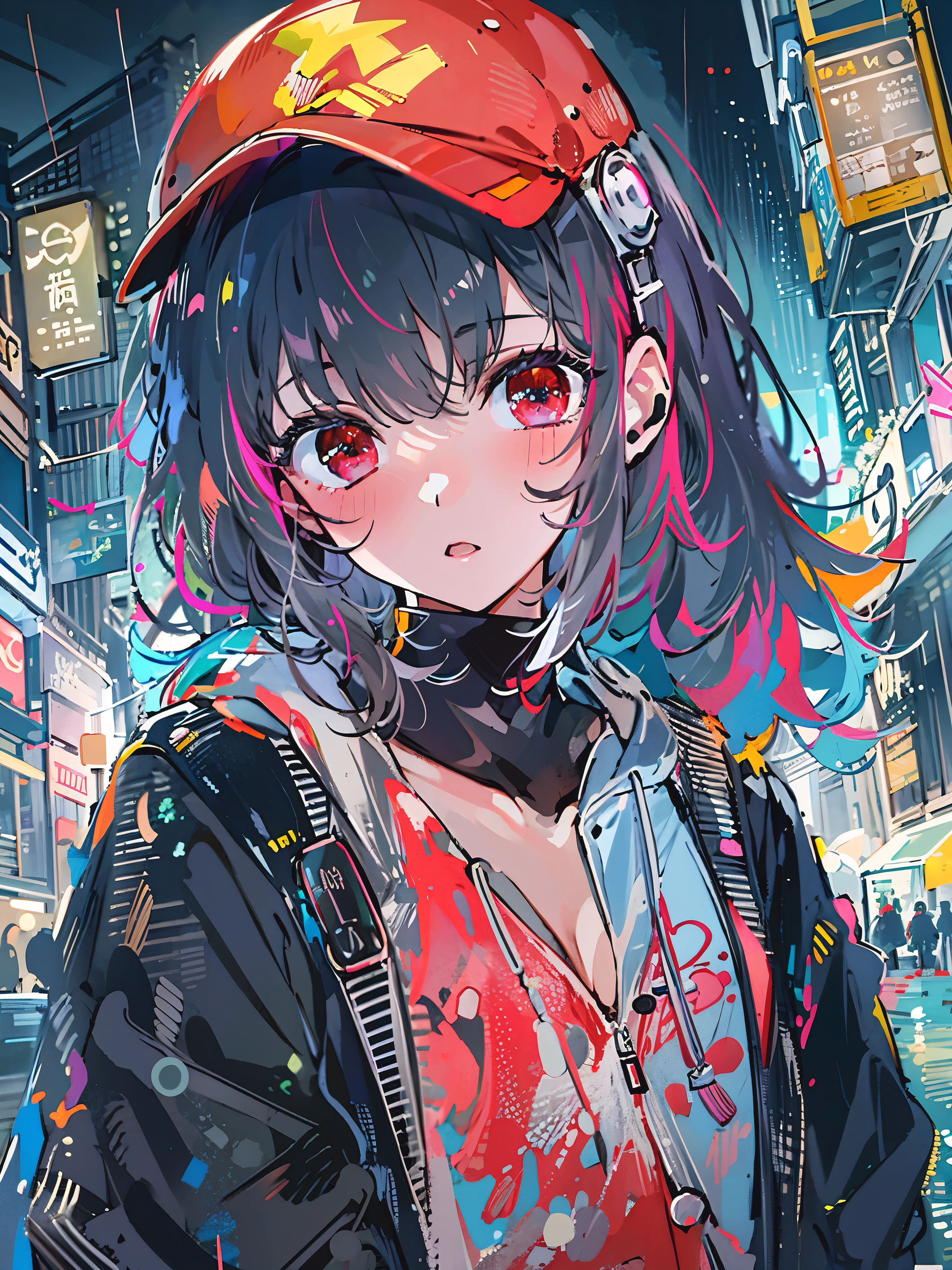 8K分辨率、((top-quality))、((masterpiece))、((ultra-detailliert))、1 woman、独奏、incredibly absurdness、Oversized hoodies、headphones、Street、plein air、Rain at night、neons、Shortcut Hair、Brightly colored eyes、Hands in pockets、shortpants、water dripping、red hairob Hair