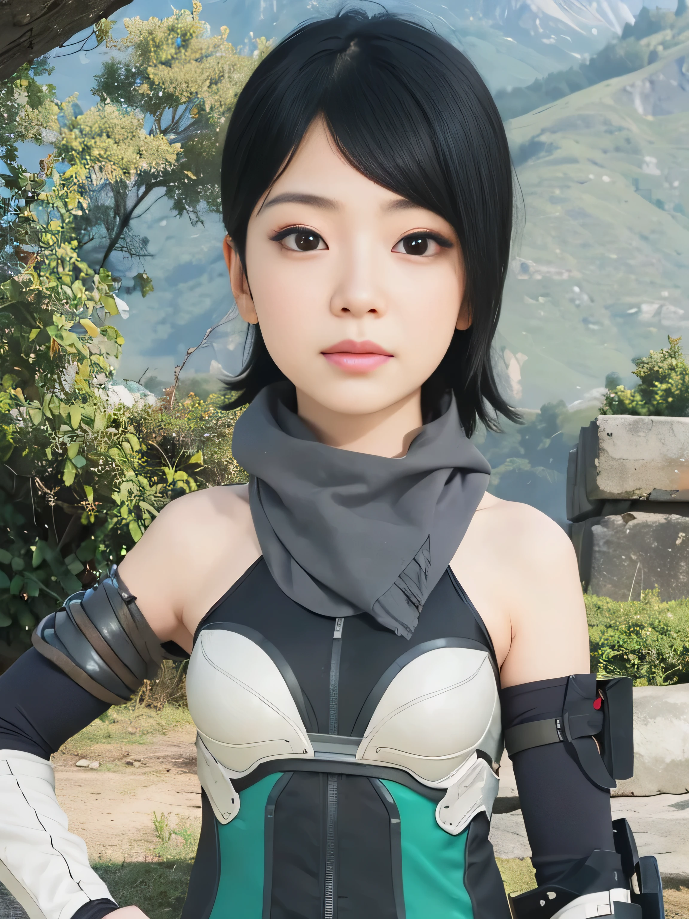masterpiece, best quality, (realistic,photo-realistic:1.4), (RAW photo:1.2), extremely detailed CG unity 8k wallpaper, delicate and beautiful, amazing,finely detail, official art, absurdres, incredibly absurdres, huge filesize, ultra-detailed,extremely detailed eyes and face,light on face,little smile,(black hair:1.4)short hair,(wearing red clothes:1.4),nature background,(wearing scarf:1.4),(wearing armored suit:1.5)