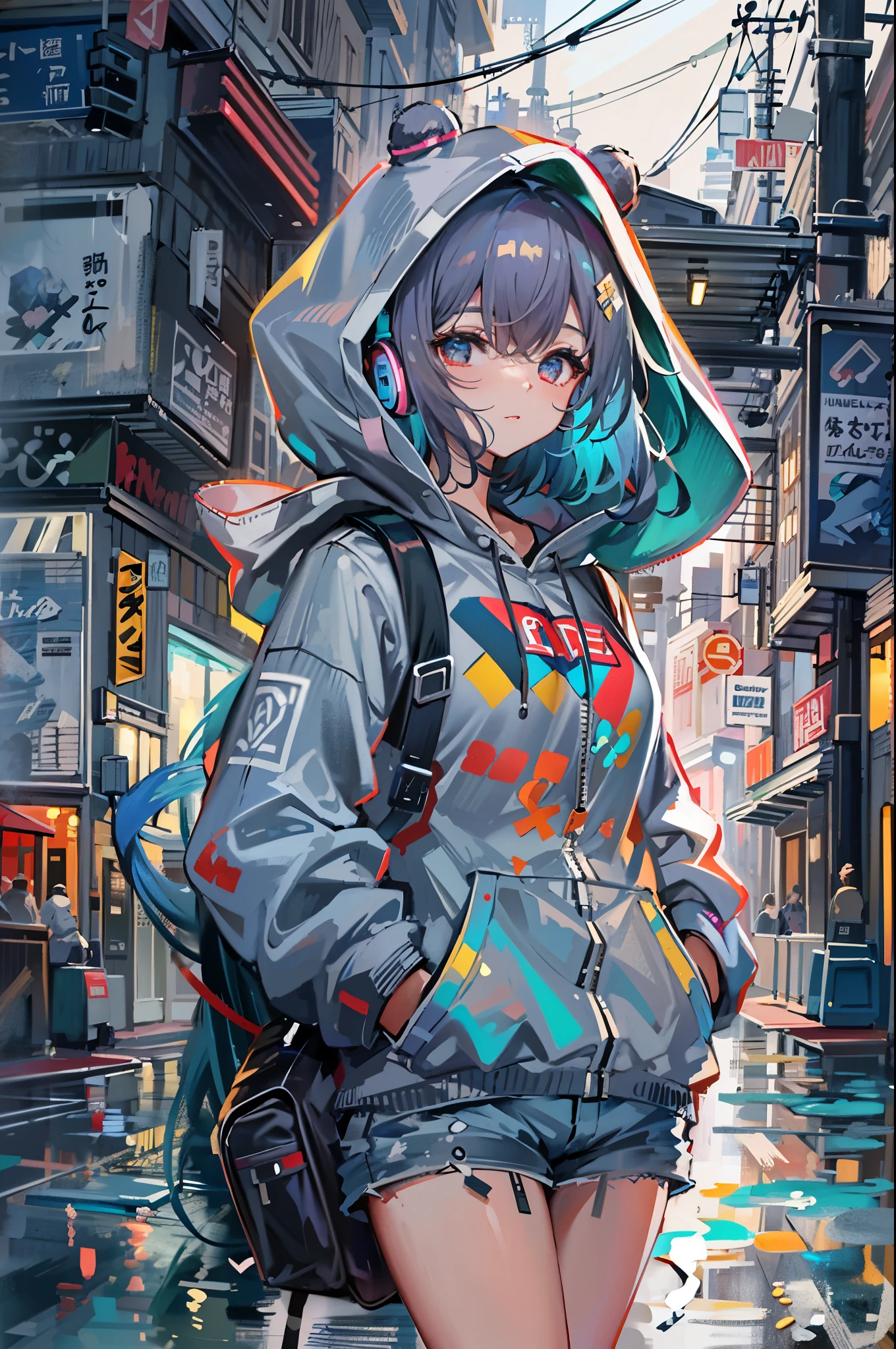 8K分辨率、((top-quality))、((masterpiece))、((ultra-detailliert))、1 woman、独奏、incredibly absurdness、Oversized hoodies、headphones、Street、plein air、Sateen、neons、Shortcut Hair、Brightly colored eyes、Hands in pockets、shortpants、water dripping
