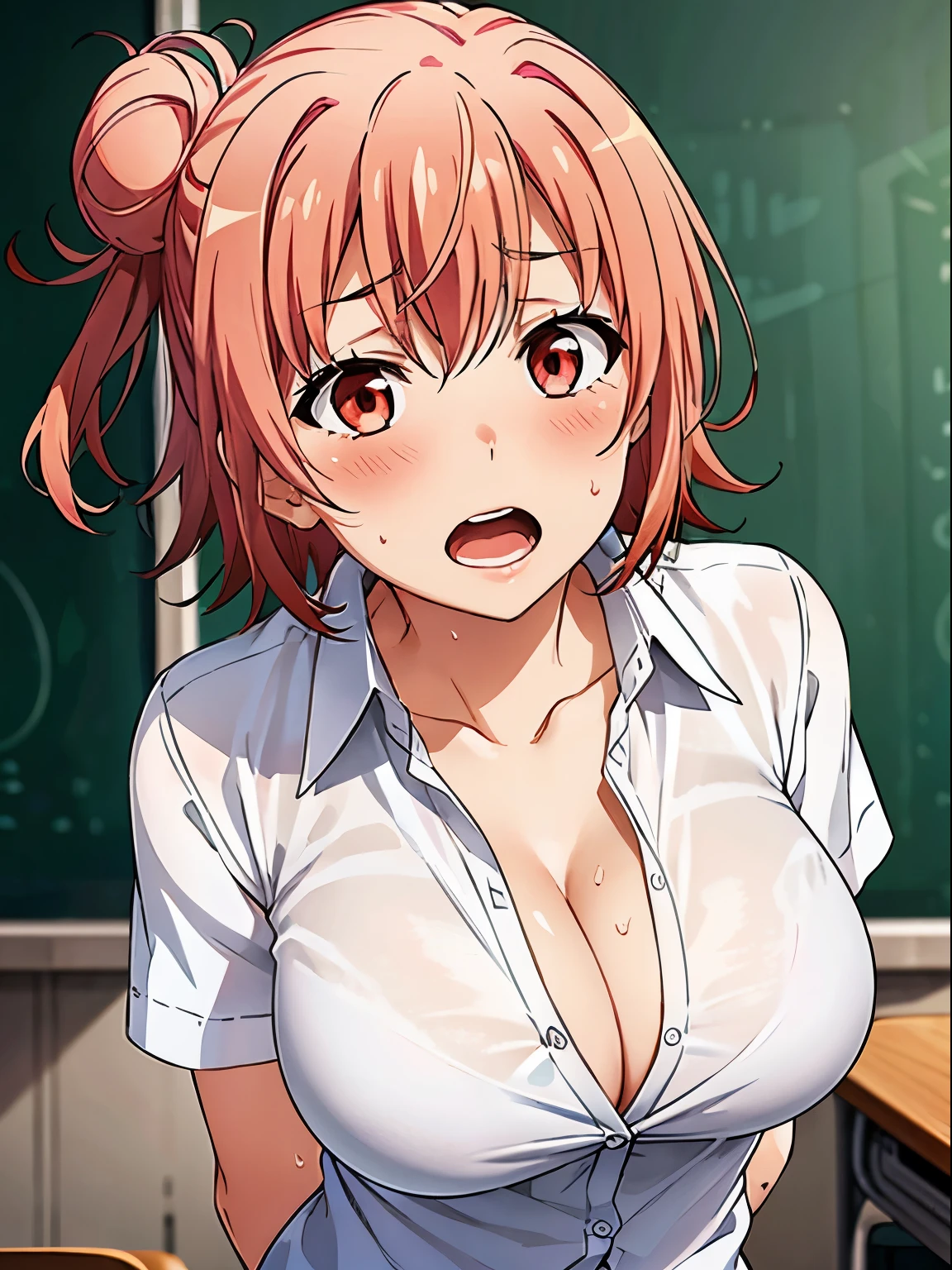 1 girl,  
yuigahama yui, pink hair, hair bun, short hair, 

(8K, Top quality, muste piece)

white collared shirt, 
cleavage, 
bent over, embarrassed, (blush), 
 
(arms behind back), large boobs, open mouth, sweat, 
in classroom, 
pov, focus , close shot, upper body, 