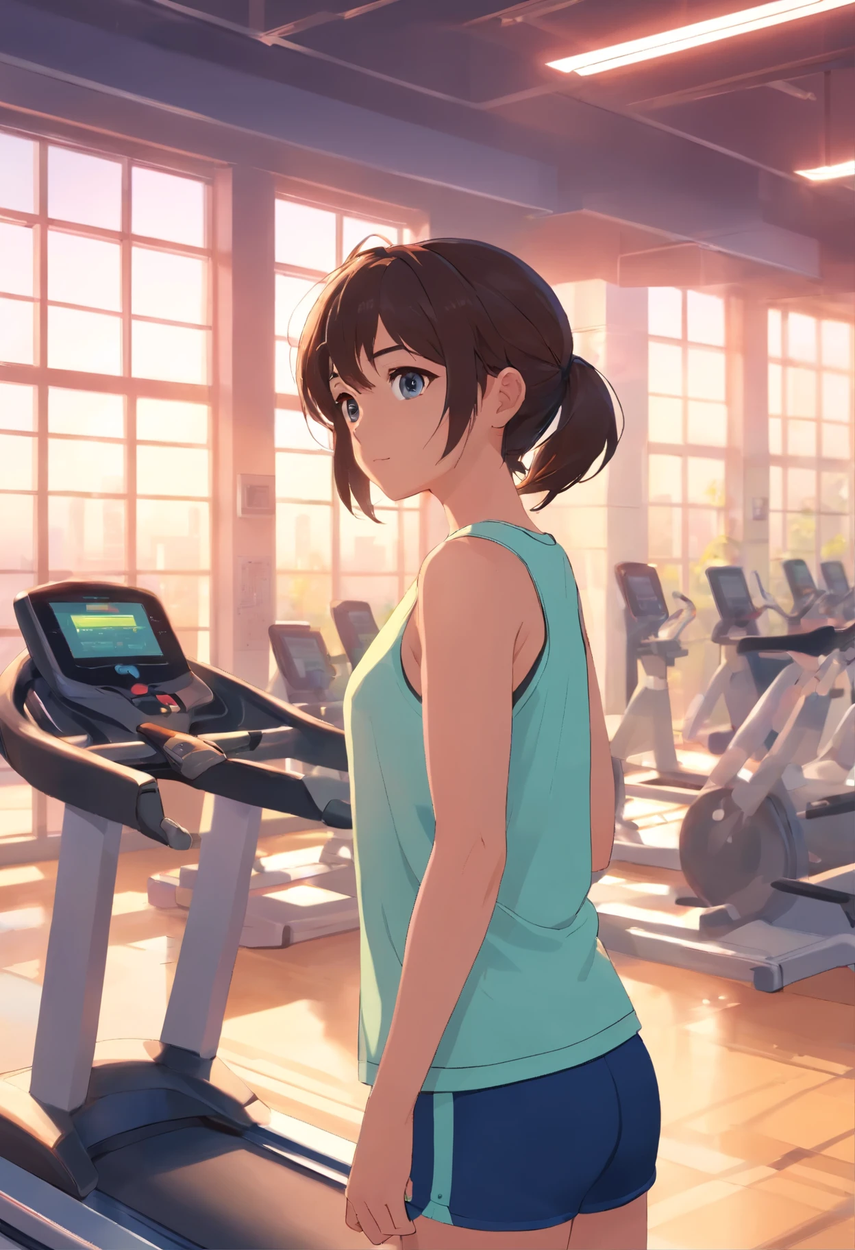 a girl，in the gym，Using heartbeat detector，Vibrant fitness equipment and busy people in the background。