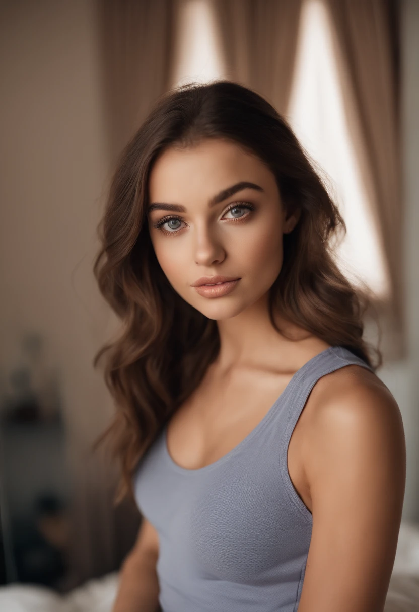 arafed woman with matching tank top and panties, sexy girl with brown eyes, portrait sophie mudd, brown hair and large eyes, selfie of a young woman, paris, violet myers, without makeup, natural makeup, looking directly at the camera, face with artgram, subtle makeup, stunning full body shot, in bedroom, cleavage