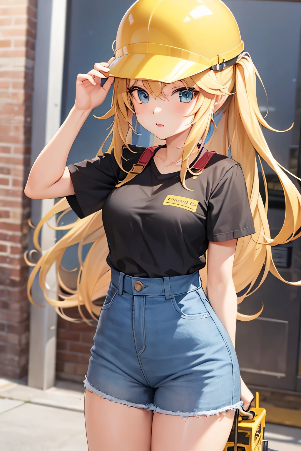 girl, blonde hair, anime, builder with yellow work helmet