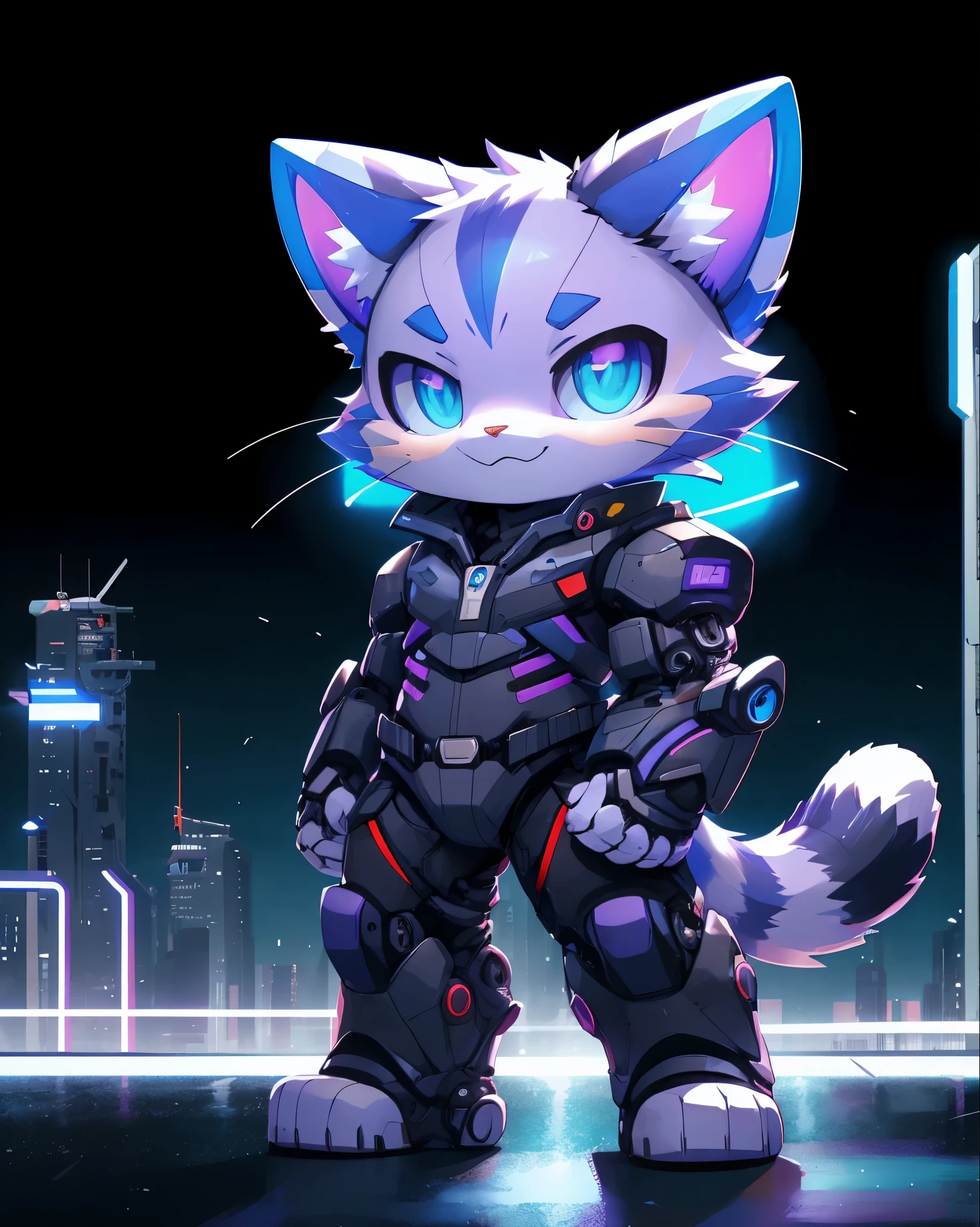 Cat wearing futuristic mecha suit, chibi, standing, background neon city, with light purple and blue, stunning style