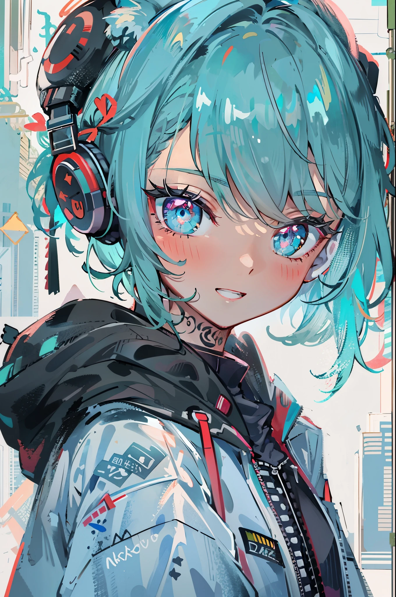 ((8K resolution))、((highest quality))、((masterpiece))、((super detailed))、1 female、solo、incredibly absurd、oversized hoodie、headphones、rain、neon、short cut hair、bright colored eyes、put one's hand in one's pocket、shorts、water dripping, cool blue open short jacket, tattoo, Messy Fade Cut Hair,quirky sneakers,Eyeshadow on the eyes,unusual colored eyes, Vivid eyes,