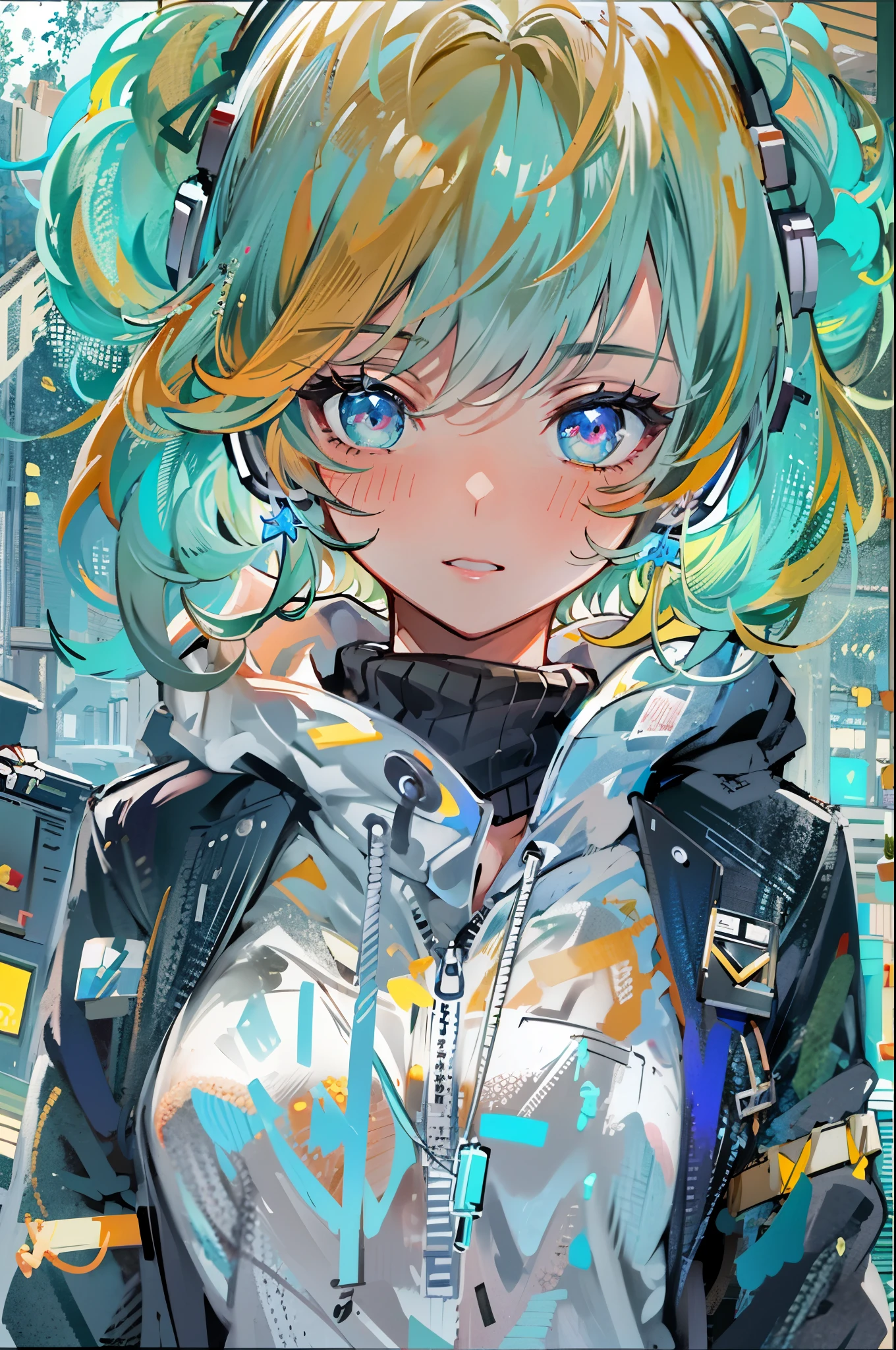 ((8K resolution))、((highest quality))、((masterpiece))、((super detailed))、1 female、solo、incredibly absurd、oversized hoodie、headphones、rain、neon、short cut hair、bright colored eyes、put one's hand in one's pocket、shorts、water dripping, cool blue open short jacket, tattoo, Messy Fade Cut Hair,quirky sneakers,Eyeshadow on the eyes,unusual colored eyes, Vivid eyes,