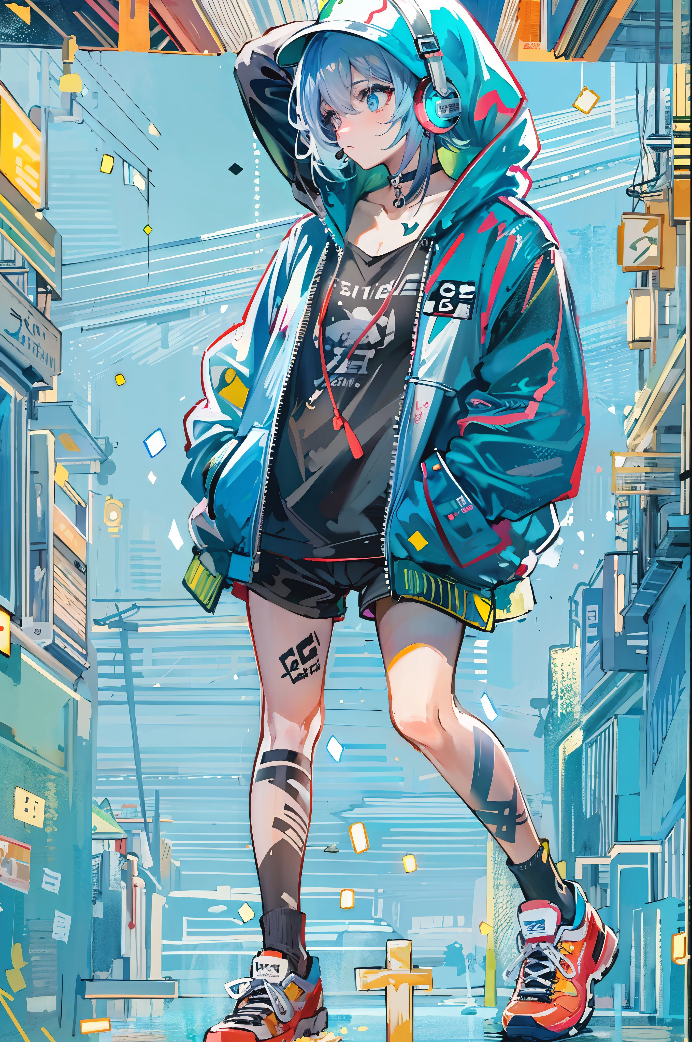 ((8K resolution))、((highest quality))、((masterpiece))、((super detailed))、1 female、solo、incredibly absurd、oversized hoodie、headphones、rain、neon、short cut hair、bright colored eyes、put one's hand in one's pocket、shorts、water dripping, cool blue open short jacket, tattoo, Messy Fade Cut Hair,quirky sneakers,Eyeshadow on the eyes,unusual colored eyes, Vivid eyes,