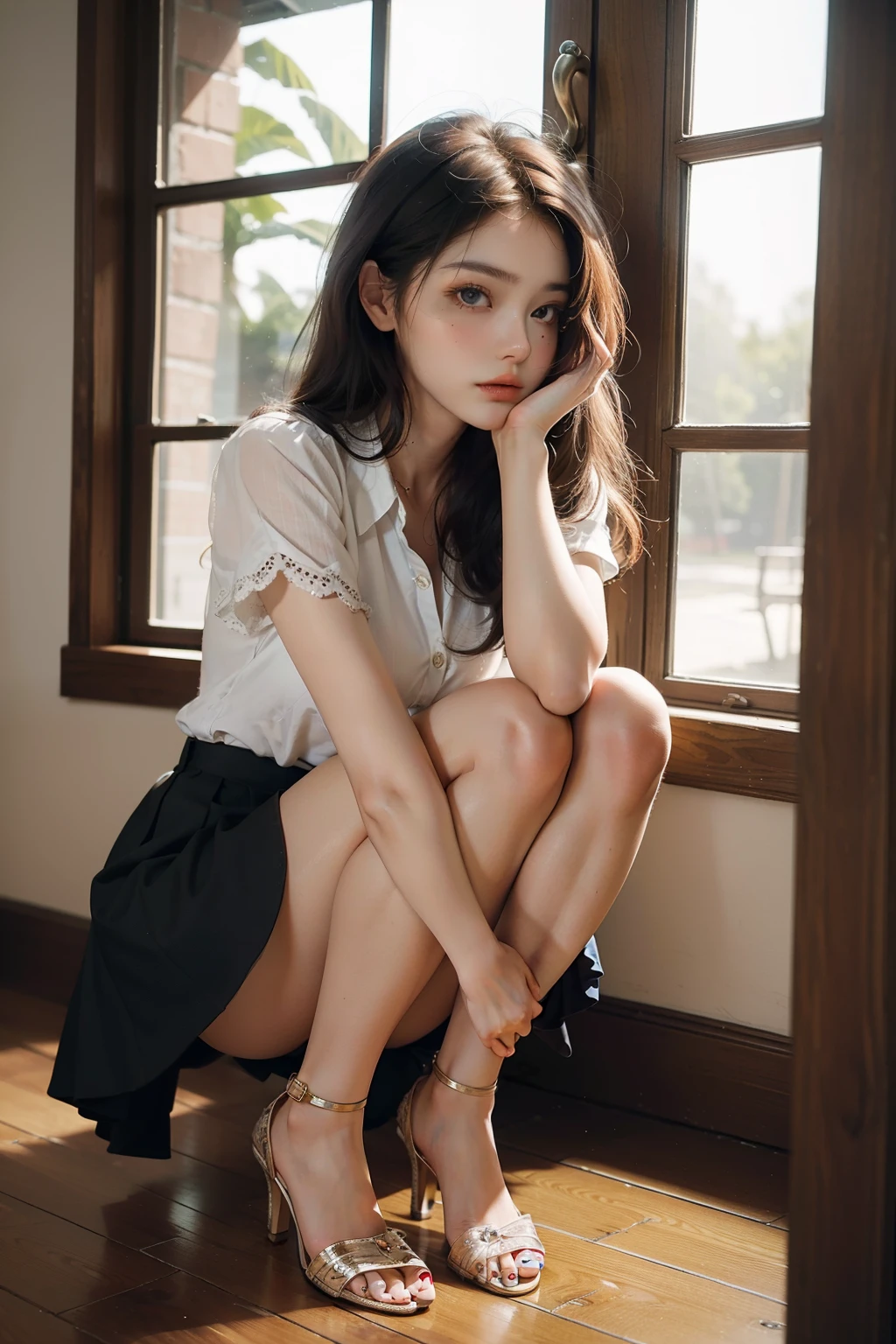 ((best quality)), ((masterpiece)), (detailed), perfect face,
a 19 years old girl、mask、very beautiful face、whole body、Wearing pin heels、mini skirt、beautiful feet、Delicate the face、


