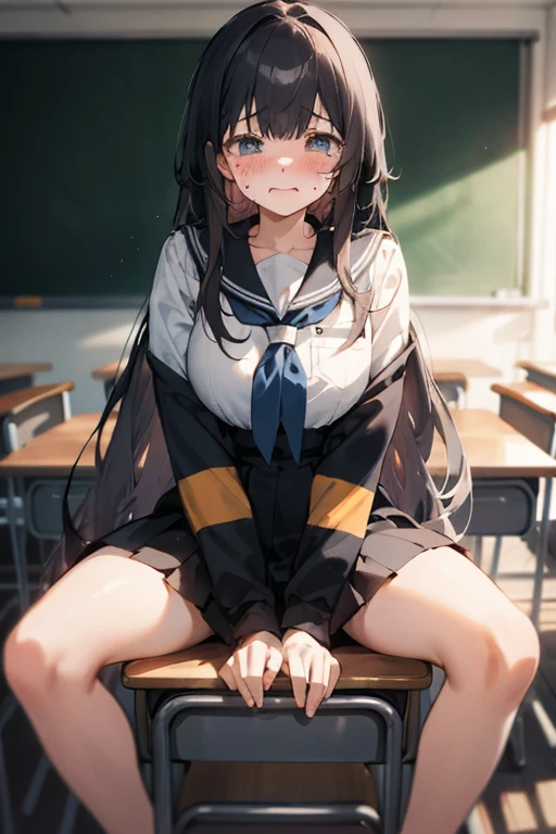 1 person long hair、girl 、、huge 、avert your eyes、Sitting and spreading the crotch、It's embarassing、blush、Are crying、please keep your mouth shut、classroom(Girl is peeing)