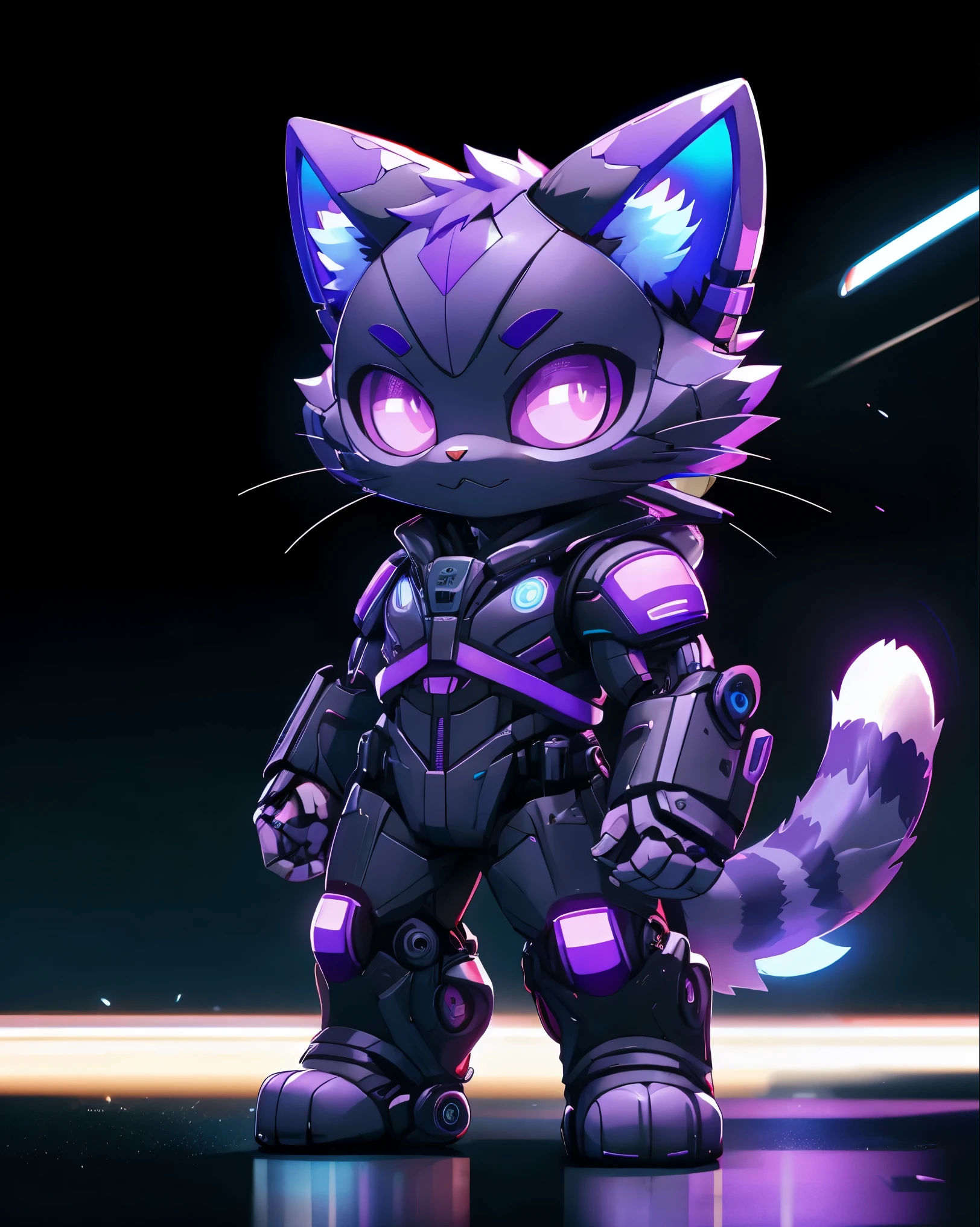 Cat wearing futuristic mecha suit, chibi, standing, background neon city with light purple and blue, stunning style