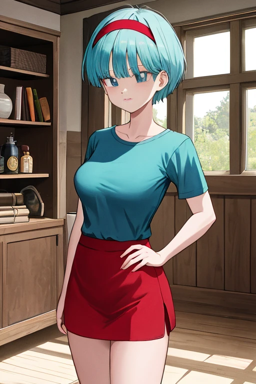 masterpiece, best quality, highres, dragon ball, blmmid, aqua hair, medium hair, blunt bangs, red hairband, medium breasts, shirt, skirt, cowboy shot, indoors, standing,