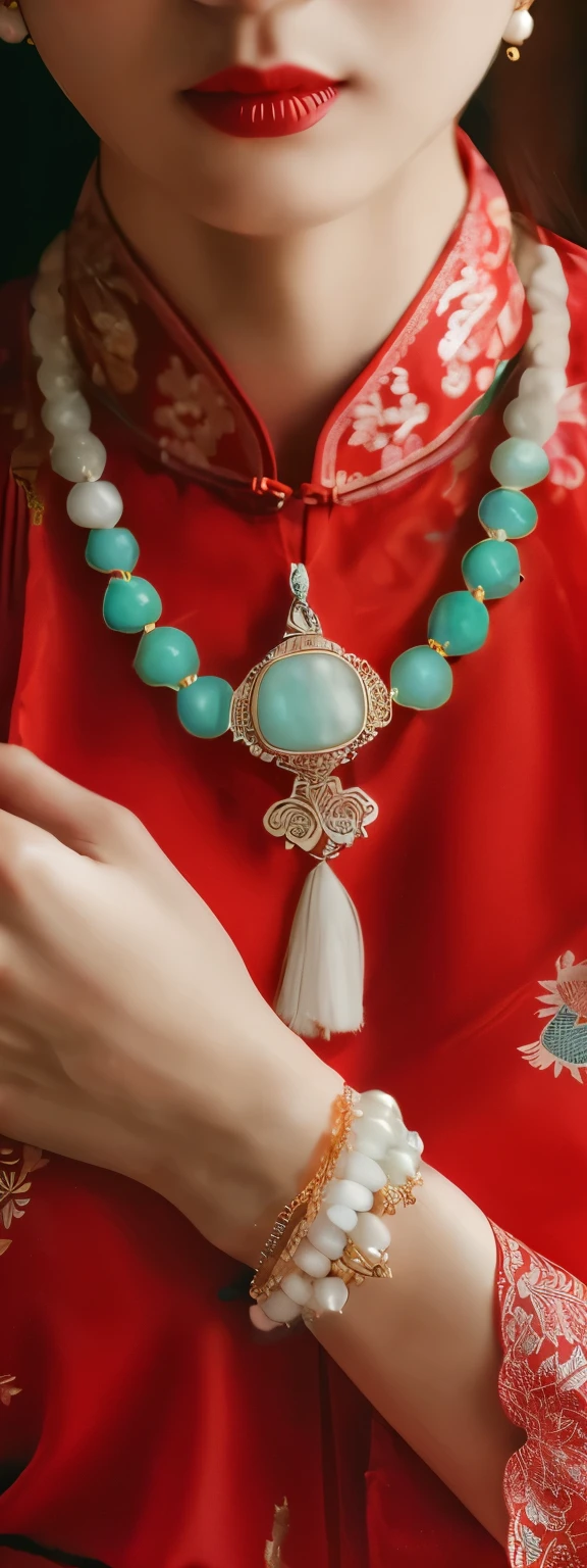 Wearing a white jade bracelet on her hand and a white jade necklace on her neck