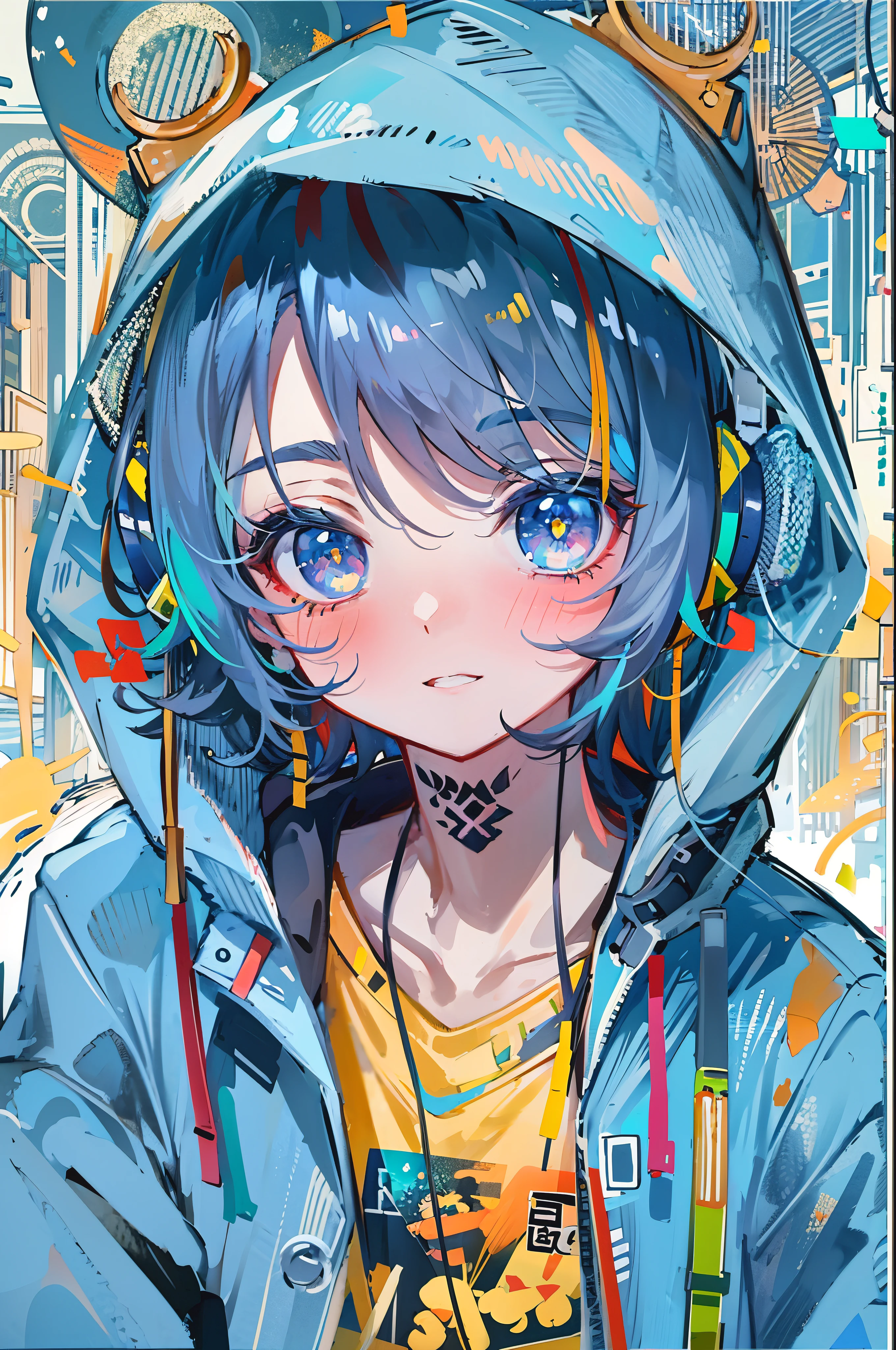 ((8K resolution))、((highest quality))、((masterpiece))、((super detailed))、1 female、solo、incredibly absurd、oversized hoodie、headphones、street、outdoor、rain、neon、short cut hair、bright colored eyes、put one&#39;s hand in one&#39;s pocket、shorts、water dripping, step piece, cool blue open short jacket, tattoo, Messy Fade Cut Hair,quirky sneakers,Eyeshadow on the eyes,unusual colored eyes, Vivid eyes,