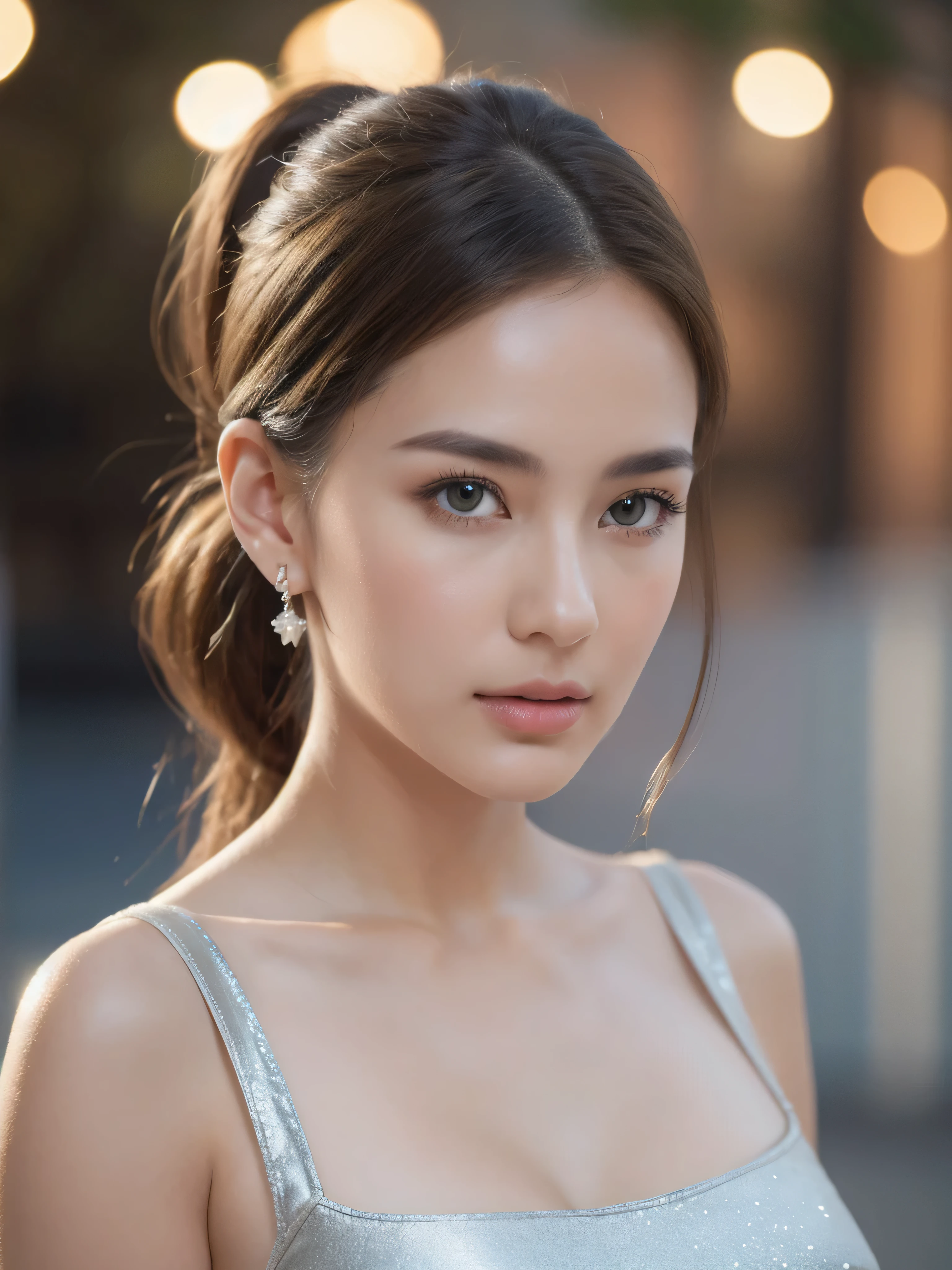Random pose, (very delicate and beautiful work), (Masterpiece), 1 girl, Girl in silver dress, very detailed, Leaky waist, twisted ponytail, Attractive appearance, beautiful clear eyes, green eye pupil, delicate necklace, delicate earrings, Angel Ears, simple blurred background, คําอธิบายของvery detailed, beautiful, charming, Very detailed drawings, delicate face, delicate shape, thin collarbone, ริมฝีปากbeautiful, beautiful breasts, The back is soft., Mix 4, (8ก, raw photos, best quality, Masterpiece: 1.2), (realistic, photorealistic: 1.37), 1 girl, cute, city scenery, nighttime, rain, wet, professional lighting, Photon mapping, Radiation, Physical rendering, (beautiful little hard 1.1), (Saw the head of the nipples in the dress.: 1.4), white skin