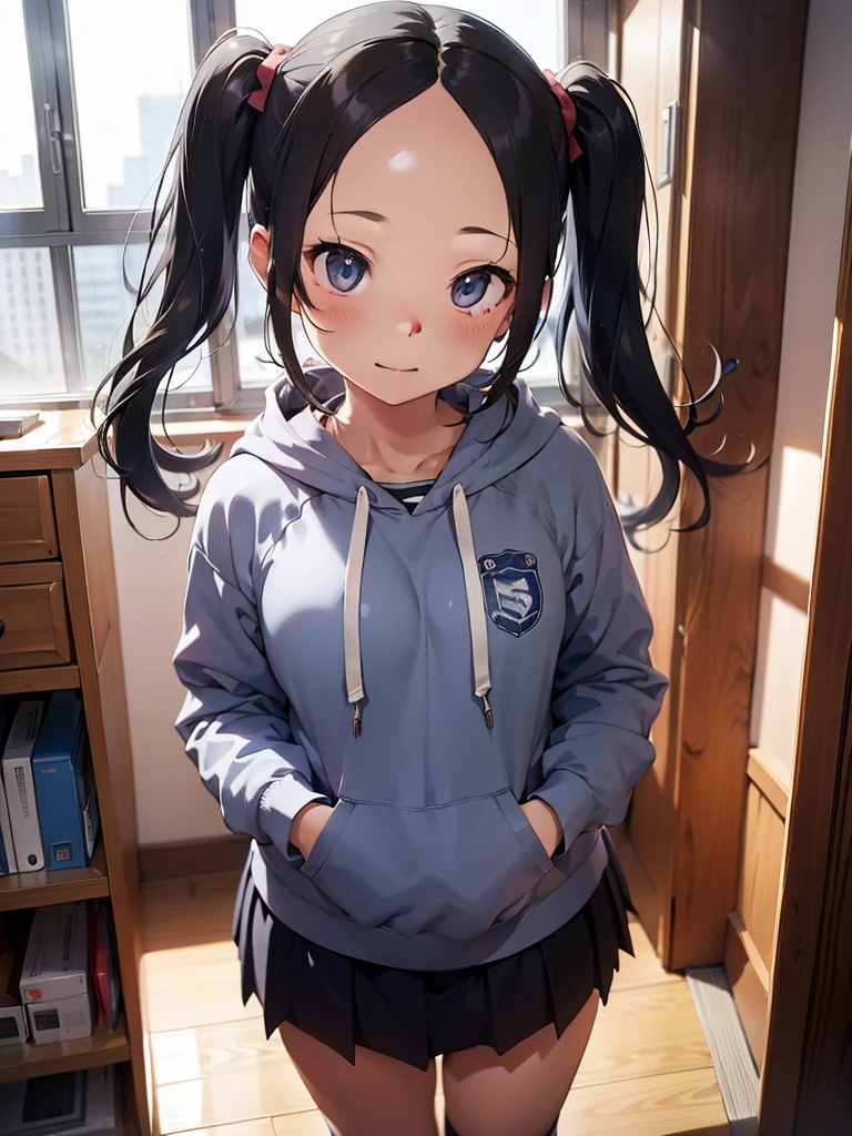 software, ticker, blue bloomers, School, gray hoodie, music room girl photo, Low twintail, ((Forehead)), whole body, (細い太もも),