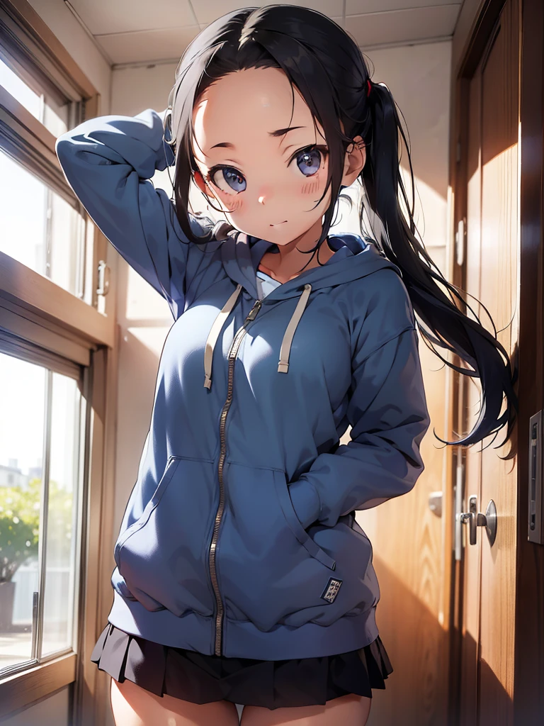 software, ticker, blue bloomers, School, gray hoodie, music room girl photo, Low twintail, ((Forehead)), whole body, (細い太もも),