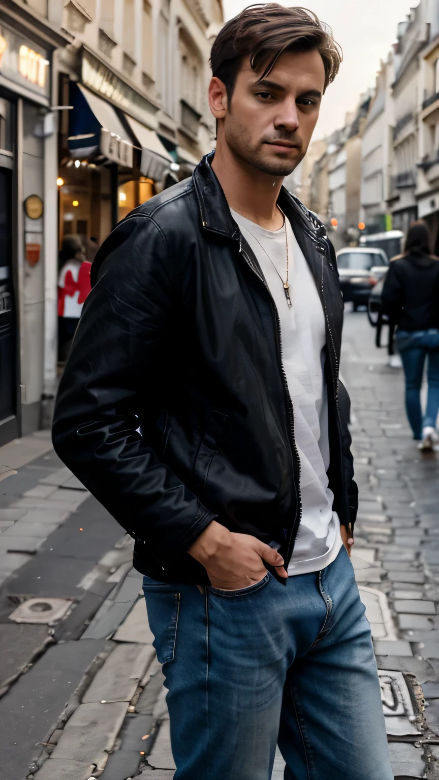 a man offering with his hands in his pockets in the street of paris, man is wearing a jean, a white t-shirt and one black jacket