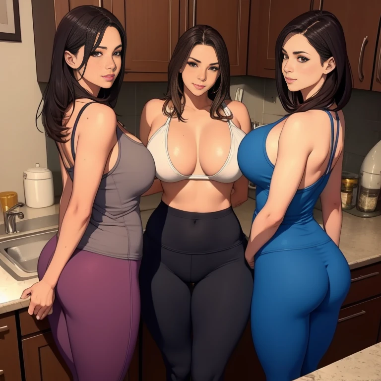 masterpiece, best quality, highres, 3girls, long hair, leggins, fitness, looking at viewer, outdoors, smile, plus size, huge tits, cleavage, big butt, love handles