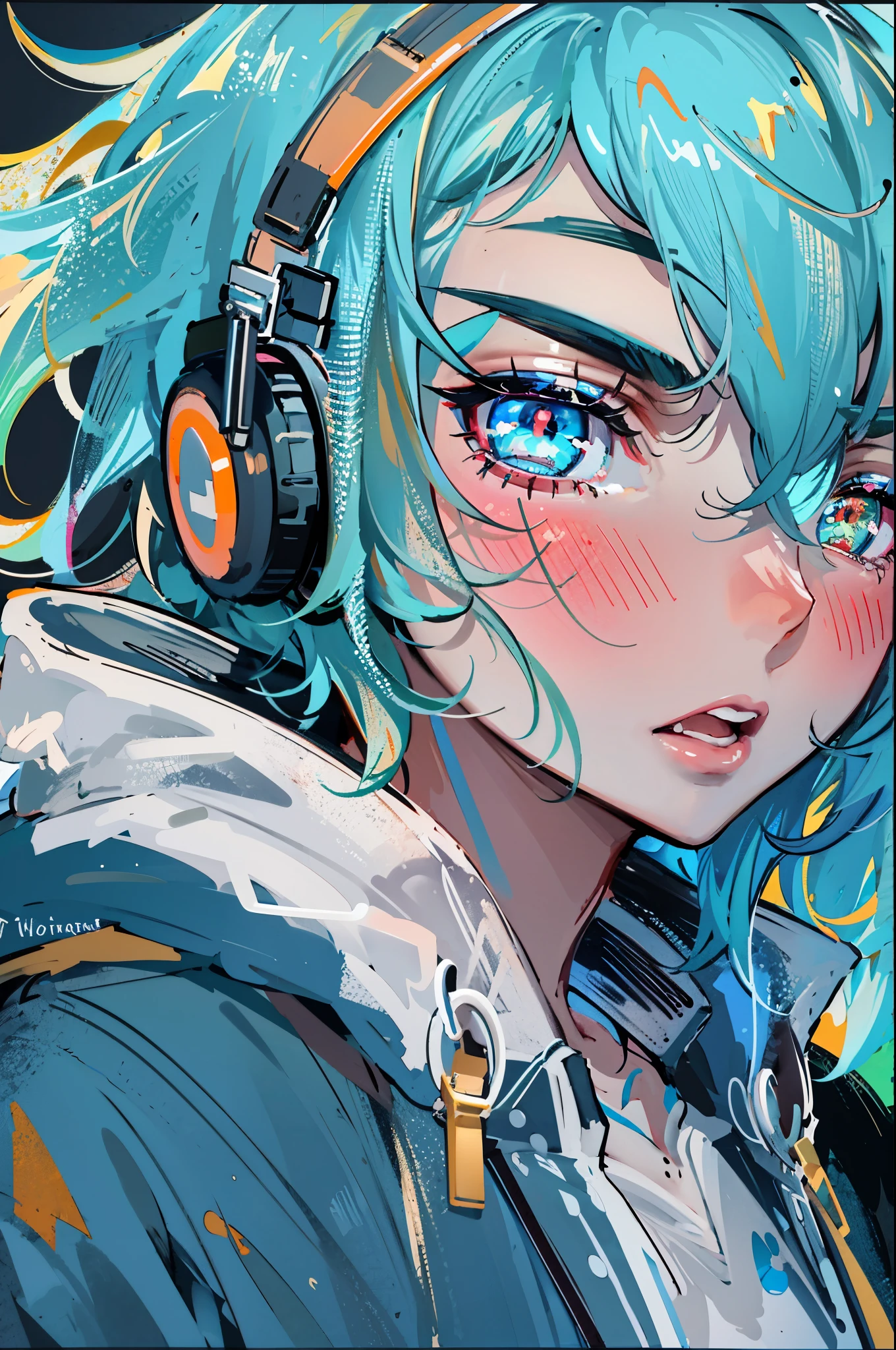 ((8K resolution))、((highest quality))、((masterpiece))、((super detailed))、1 female、solo、incredibly absurd、oversized hoodie、headphones、street、outdoor、rain、neon、short cut hair、bright colored eyes、put one's hand in one's pocket、shorts、water dripping, step piece, cool blue open short jacket, tattoo, Messy Fade Cut Hair,quirky sneakers,Eyeshadow on the eyes,unusual colored eyes, Vivid eyes,