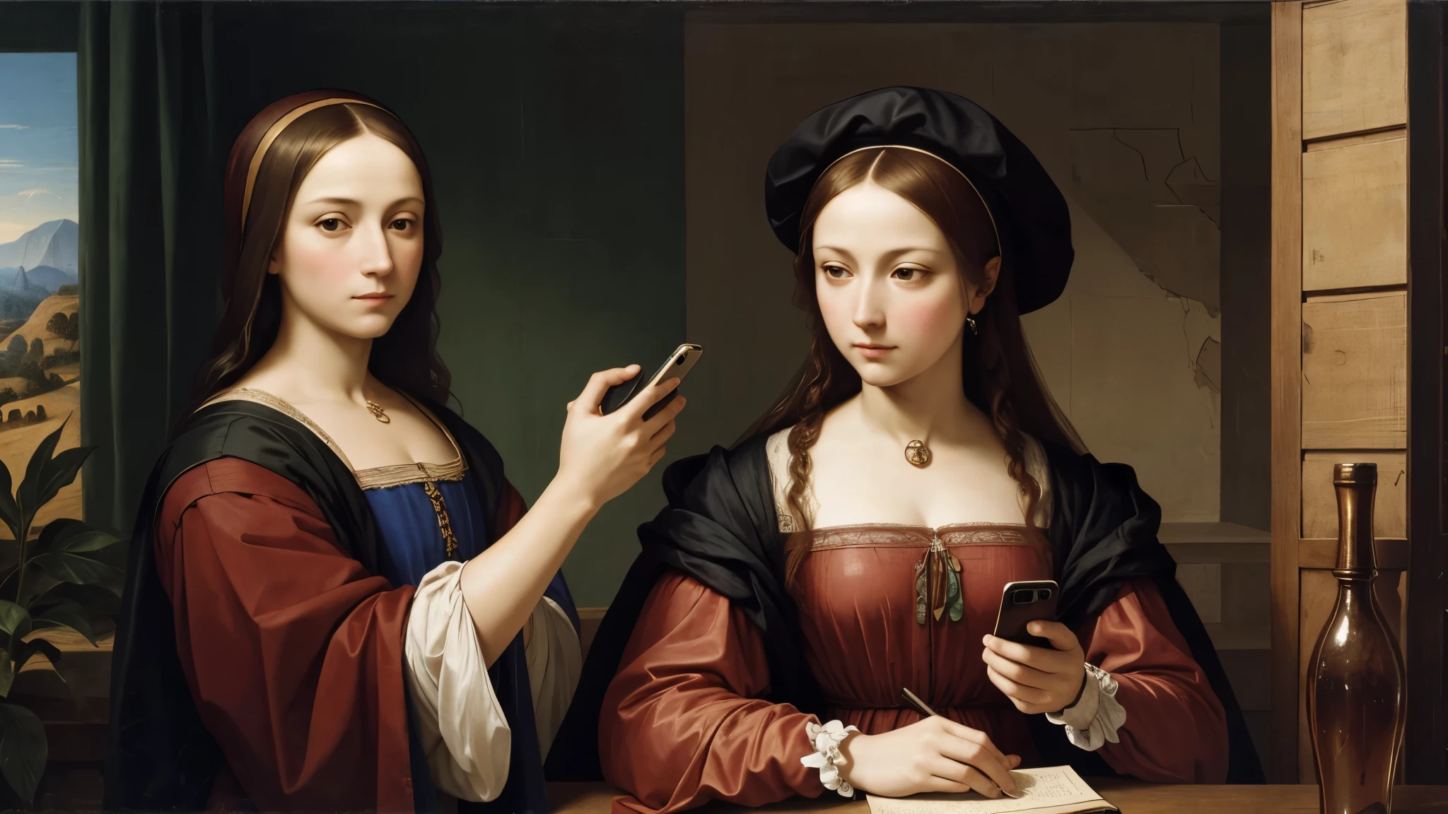  A renaissance woman who is losing her age is using a mobile phone, a blurred, "sfumato" large-scale mixed media study in the style of Leonardo da Vinci.