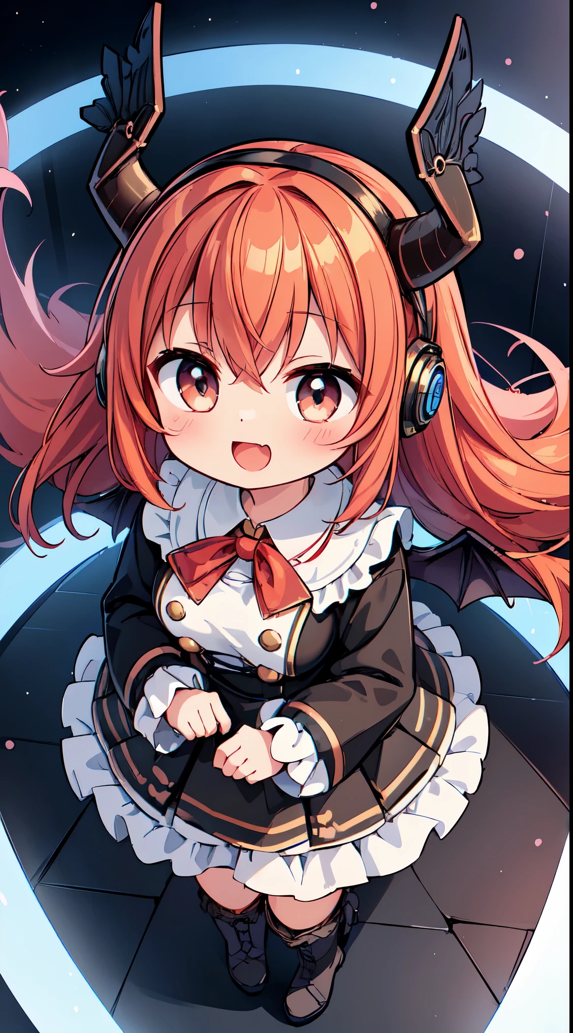 (super fine illustration:1.2),(masterpiece, 8k), (best quality, high quality:1.4), perfect anatomy, hyper detailed, ultra detailed,masterpiece background,beautiful detailed background, v8k wallpaper,perfect design,award-winning art,atmospheric,
BREAK, 1 beautiful girl, (Beauty:1.5),(Chibi:0.5),(kawaii:2.0),(Cool:2.0),(17 year old girl),(Solo:1.65),BREAK, (huge-breasted:1.35), Clear skin, Beautiful skin, Shy, 1 beautiful woman,Demons,Colossal tits(Hair Bow, Red hair, Long hair, flipped hair, hair messy,Wings of an angel on the back, Demon King's horn on the head:1.2), (Red Eyes, long eyelashes, Double eyelids: 1.2), Shiny skin,de pele branca,dial,(best quality face),(Top quality glowing eyes),(Doya face,brave face:1.45),(The best smile,:D:1.45),
BREAK, (steampunk-inspired motif:1.33), smoky lace, brown corset, (closed collar long-sleeved blouse:1.2) heavy coat with black frills, a volumey pannier under a (long skirt:1.3), lace ruffle socks, top hat, goggles, lace-up boots, leather glove, steampunk-items,
BREAK, (delicate facial features:1.3),
(very wide:1.3),(panorama view:1.3),(sense of depth:1.5),(long shot:1.3),(magnificent view:1.3),desk in her gaming room playing video games she is wearing a headphone a loose fitting shirt a black dolphin shorts computer screen glowing no eye contact from a higher angle graphic design illustration anime style main color white and blue,
BREAK,wakame,wakame,wakame,(looking up,from above:1.5)
BREAK,(Blurry background:1.3),(absurderes, hight resolution, Super Detail Art),cel shading,Clear Color, Lonely optical effect, Beautiful pictures, Bright glow, mystic atmosphere,(Close-up of girl:1.1), Mystical light particle effect,manga influence, clean line drawings,