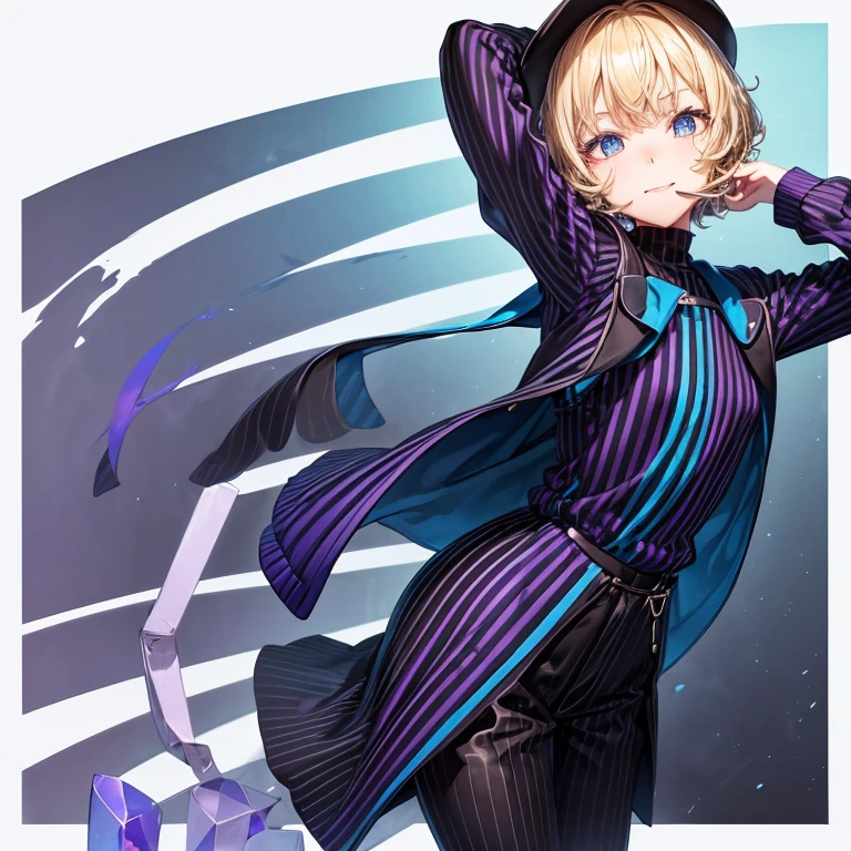 elementary school slender girl((flat )), blonde hair (( straight short hair ))(( a bit smooth curl)), Wearing a sweater(( colored blue, black vertical es)), anorak ((purple and black )), and black long pants, bright smile (( the corners of her mouth rise)), round crystal blue eyes, a gentle wind blowing at a field , pose of looking back, stretch her arms forward