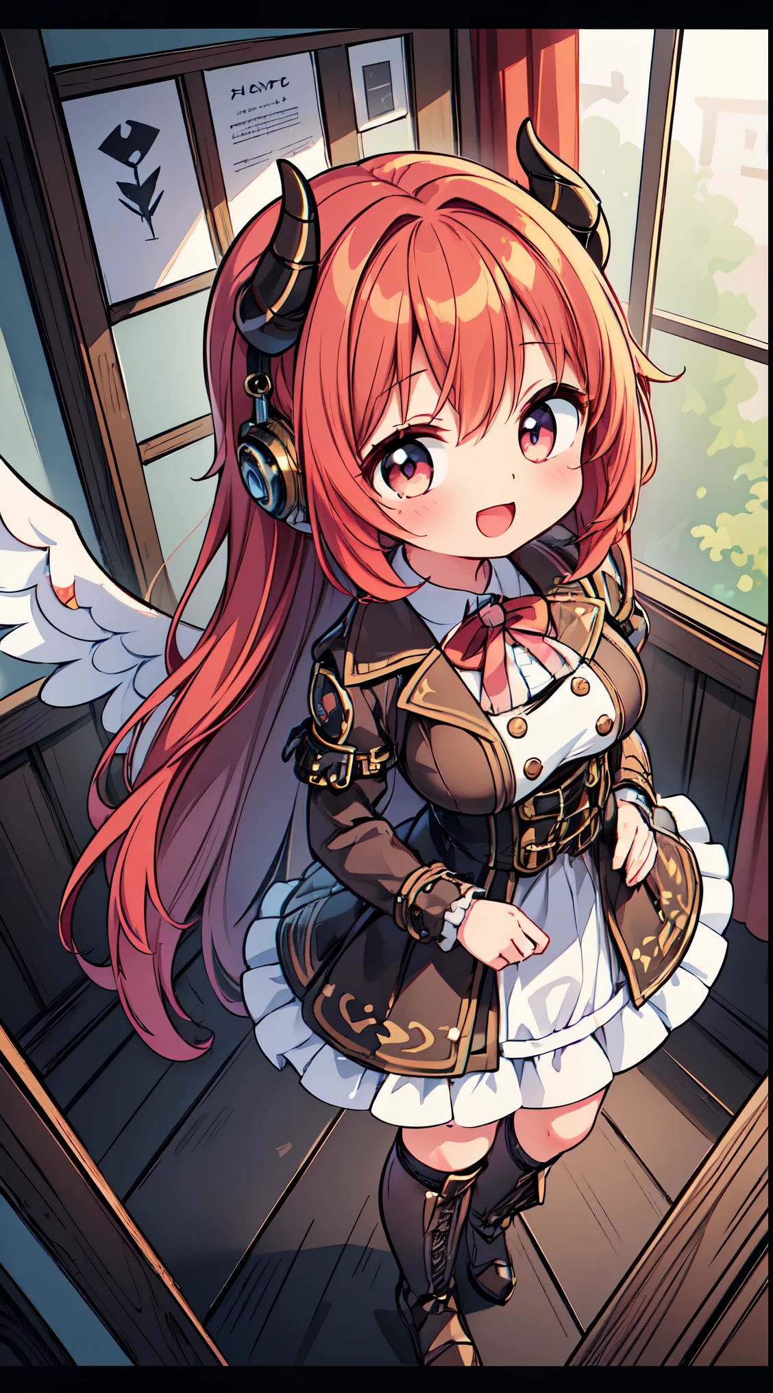 (super fine illustration:1.2),(masterpiece, 8k), (best quality, high quality:1.4), perfect anatomy, hyper detailed, ultra detailed,masterpiece background,beautiful detailed background, v8k wallpaper,perfect design,award-winning art,atmospheric,


BREAK,   1 beautiful girl, (Beauty:1.5),(Chibi:0.5),(kawaii:2.0),(Cool:2.0),(17 year old girl),(Solo:1.65),BREAK, (huge-breasted:1.35), Clear skin, Beautiful skin, Shy, 1 beautiful woman,Demons,Colossal tits(Hair Bow, Red hair, Long hair, flipped hair, hair messy,Wings of an angel on the back, Demon King's horn on the head:1.2), (Red Eyes, long eyelashes, Double eyelids: 1.2), Shiny skin,de pele branca,dial,(best quality face),(Top quality glowing eyes),(Doya face,brave face:1.45),(The best smile,:D:1.45),


BREAK, (steampunk-inspired motif:1.33), smoky lace, brown corset, (closed collar long-sleeved blouse:1.2) heavy coat with black frills, a volumey pannier under a (long skirt:1.3), lace ruffle socks, top hat, goggles, lace-up boots, leather glove, steampunk-items,

BREAK, (delicate facial features:1.3),
(very wide:1.3),(panorama view:1.3),(sense of depth:1.5),(long shot:1.3),(magnificent view:1.3),desk in her gaming room playing video games she is wearing a headphone a loose fitting shirt a black dolphin shorts computer screen glowing no eye contact from a higher angle graphic design illustration anime style main color white and blue,


BREAK,wakame,wakame,wakame,(looking up,from above:1.5) 


BREAK,(Blurry background:1.3),(absurderes, hight resolution, Super Detail Art),cel shading,Clear Color, Lonely optical effect, Beautiful pictures, Bright glow, mystic atmosphere,(Close-up of girl:1.1), Mystical light particle effect,manga influence, clean line drawings, 
 