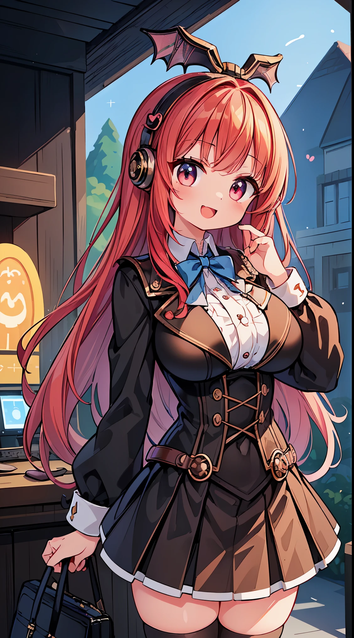 (super fine illustration:1.2),(masterpiece, 8k), (best quality, high quality:1.4), perfect anatomy, hyper detailed, ultra detailed,masterpiece background,beautiful detailed background, v8k wallpaper,perfect design,award-winning art,atmospheric,
BREAK, 1 beautiful girl, (Beauty:1.5),(Chibi:0.5),(kawaii:2.0),(Cool:2.0),(17 year old girl),(Solo:1.65),BREAK, (huge-breasted:1.35), Clear skin, Beautiful skin, Shy, 1 beautiful woman,Demons,Colossal tits(Hair Bow, Red hair, Long hair, flipped hair, hair messy,Wings of an angel on the back, Demon King's horn on the head:1.2), (Red Eyes, long eyelashes, Double eyelids: 1.2), Shiny skin,de pele branca,dial,(best quality face),(Top quality glowing eyes),(Doya face,brave face:1.45),(The best smile,:D:1.45),
BREAK, (steampunk-inspired motif:1.33), smoky lace, brown corset, (closed collar long-sleeved blouse:1.2) heavy coat with black frills, a volumey pannier under a (long skirt:1.3), lace ruffle socks, top hat, goggles, lace-up boots, leather glove, steampunk-items,BREAK, (delicate facial features:1.3),
(very wide:1.3),(panorama view:1.3),(sense of depth:1.5),(long shot:1.3),(magnificent view:1.3),desk in her gaming room playing video games she is wearing a headphone a loose fitting shirt a black dolphin shorts computer screen glowing no eye contact from a higher angle graphic design illustration anime style main color white and blue,
BREAK, (Amusement park:1.2), (attractions, theme parks, roller coaster:1.2), (ferris wheel:1.2), (flower, fountain:1.2), (outdoor:1.2), beautiful detailed sky, dating, sunlight, beautiful lighting, volumetric lighting,
BREAK,wakame,wakame,wakame,(looking up,from front:1.5)
BREAK,(Blurry background:1.3),(absurderes, hight resolution, Super Detail Art),cel shading,Clear Color, Lonely optical effect, Beautiful pictures, Bright glow, mystic atmosphere,(Close-up of girl:1.1), Mystical light particle effect,manga influence, clean line drawings,
<lora:hyperdetailer