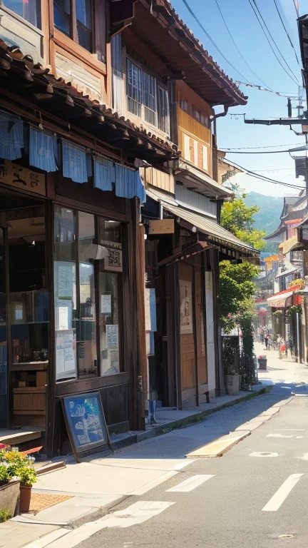 ((Background only)), (masterpiece), (top quality), (details), (realistic), (16k), (exquisite), (absurdres),Shopping Street、豆腐、utility pole、housing、Mt. Haruna can be seen faintly in the background.昼
