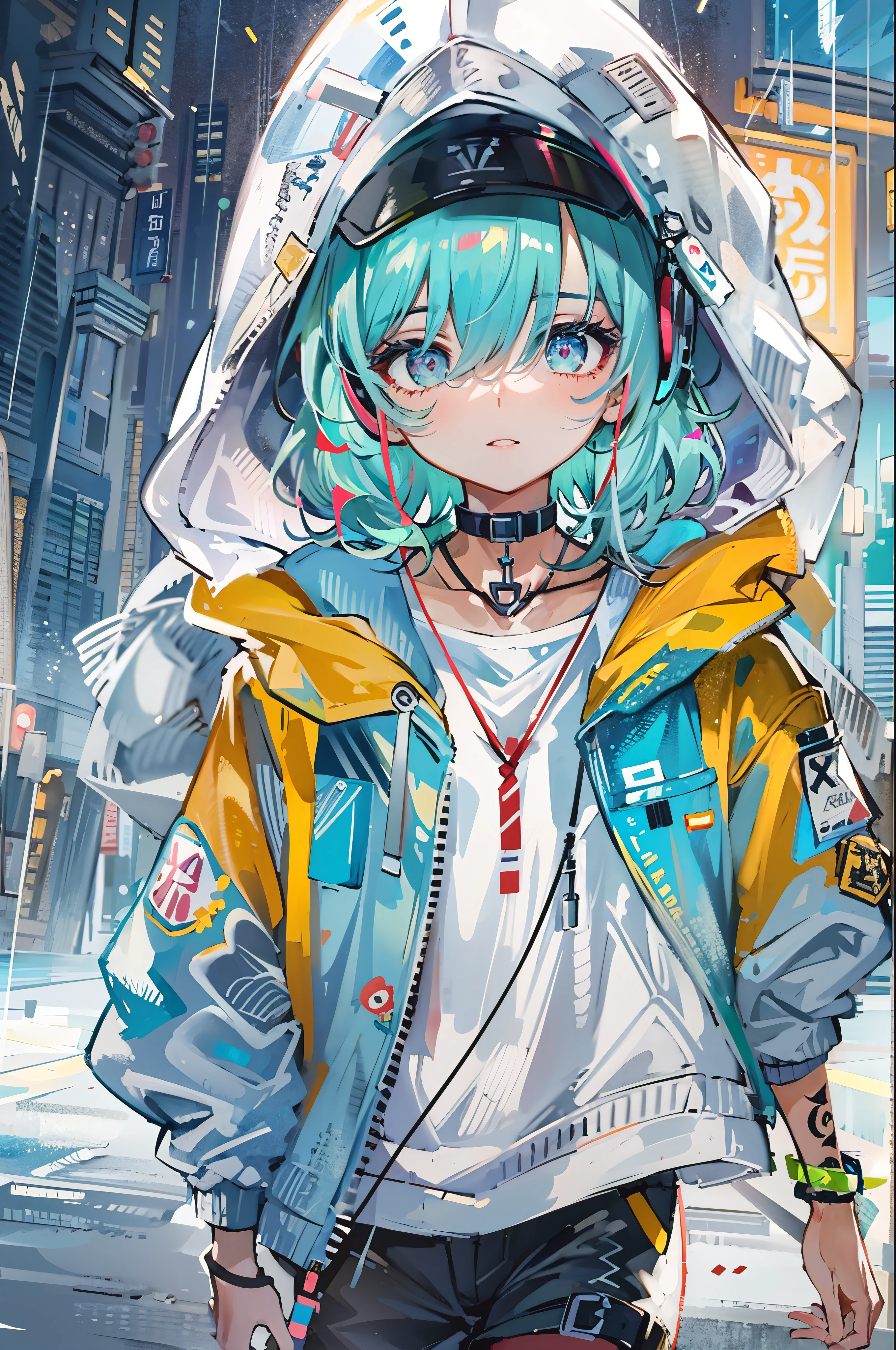 ((8K resolution))、((highest quality))、((masterpiece))、((super detailed))、1 female、solo、incredibly absurd、oversized hoodie、headphones、street、outdoor、rain、neon、short cut hair、bright colored eyes、put one's hand in one's pocket、shorts、water dripping, step piece, cool blue open short jacket, tattoo, Messy Fade Cut Hair,quirky sneakers,Eyeshadow on the eyes,unusual colored eyes, Vivid eyes,