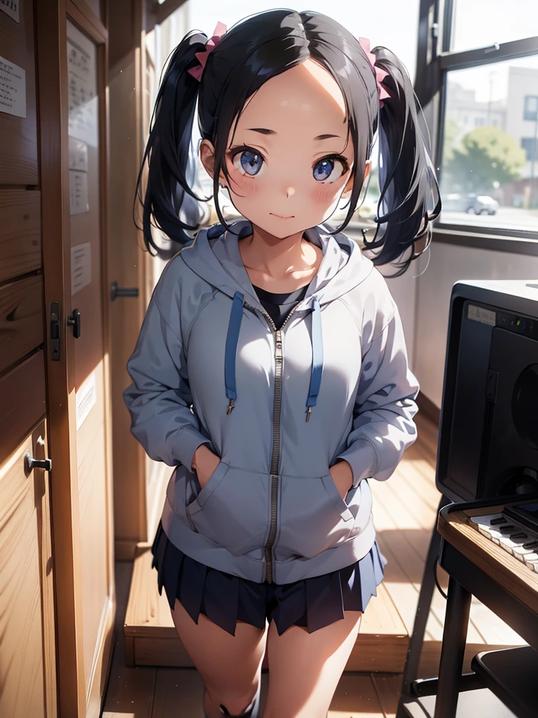 blue bloomers, School, gray hoodie, music room girl photo, Low twintail, ((Forehead)), whole body, (細い太もも),
