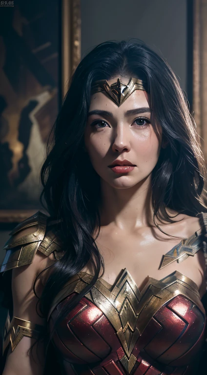 (Best Quality),(Masterpiece),(Ultra Detailed),(4k resolution),(Extremely detailed),Abstract expressionist painting "Hyperion", wonder woman, tarot card, Trending on ArtStation, Digital Painting, character concept art portrait, Scary