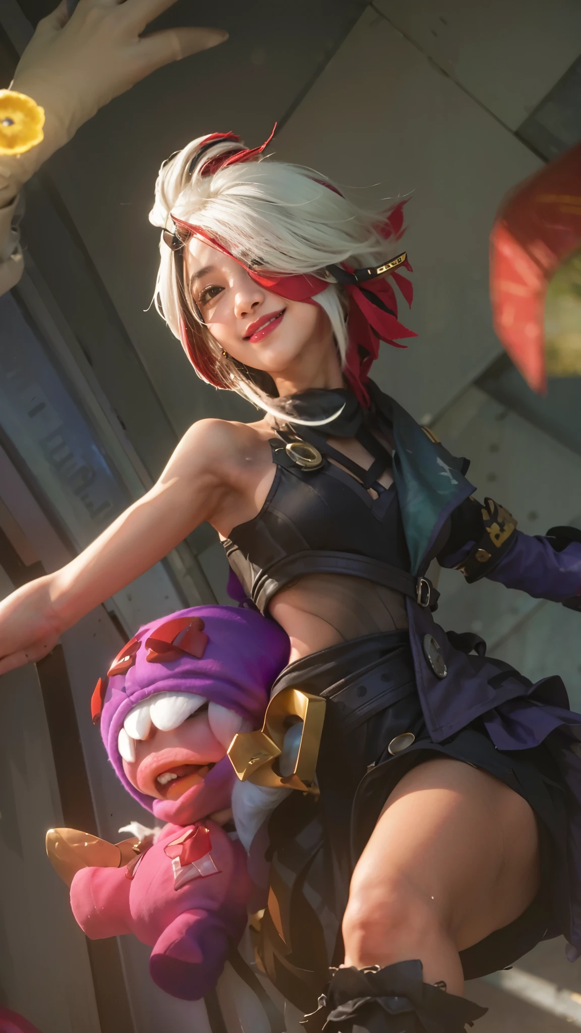 Ultra detail texture, ulta detail, ultra hight, realistic, 16k, selena (/mobile legends bang-bang/), villain smile, perfect body, bobs, full body, 1 woman, bokeh, detail eyes, detail smile, detail face, White hair, scarf