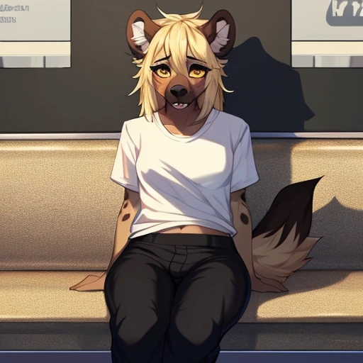(By hyattlen, by fumiko, by claweddrip):1.2, solo, one girl, a cute tan anthro furry hyena girl, female, fluffy brown ears, (tan_fluffy_body:1.1), bulge in pants, futa, sexy, big bulge, ripped pants, penis seeable through rips in pants, hyena penis, big dick, subway, train, random people staring, embarrassed, wet pants, cum through pants, black nose, faded yellow eyes, (cute_snout:1.1), fluffy tail, long blonde hair, visible fangs, small breasts, wearing torn white t shirt, black shorts, torn_clothes:1.2, sitting on a couch, in an ugly dirty room, sad, looking away, dark room, shadows, detailed intricate background, dimly lit room, nighttime, (long-shot:1.1)