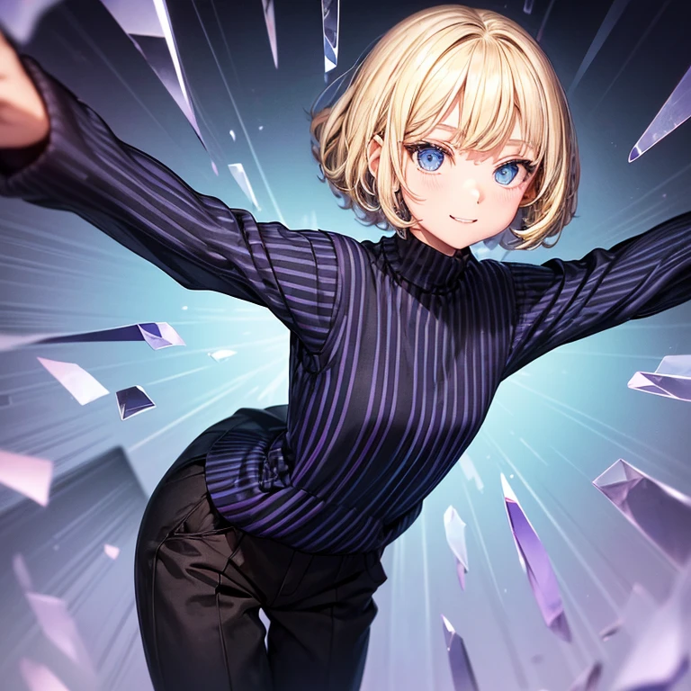 ((flat )), blonde hair (( straight short hair ))(( a bit smooth curl)), Wears a sweater(( colored blue, black vertical stripes)),wears anorak ((purple and black )), and black long pants, bright smile (( the corners of her mouth rise)), round crystal blue eyes, a gentle wind blowing at a field , pose of looking back, stretch her arms forward
