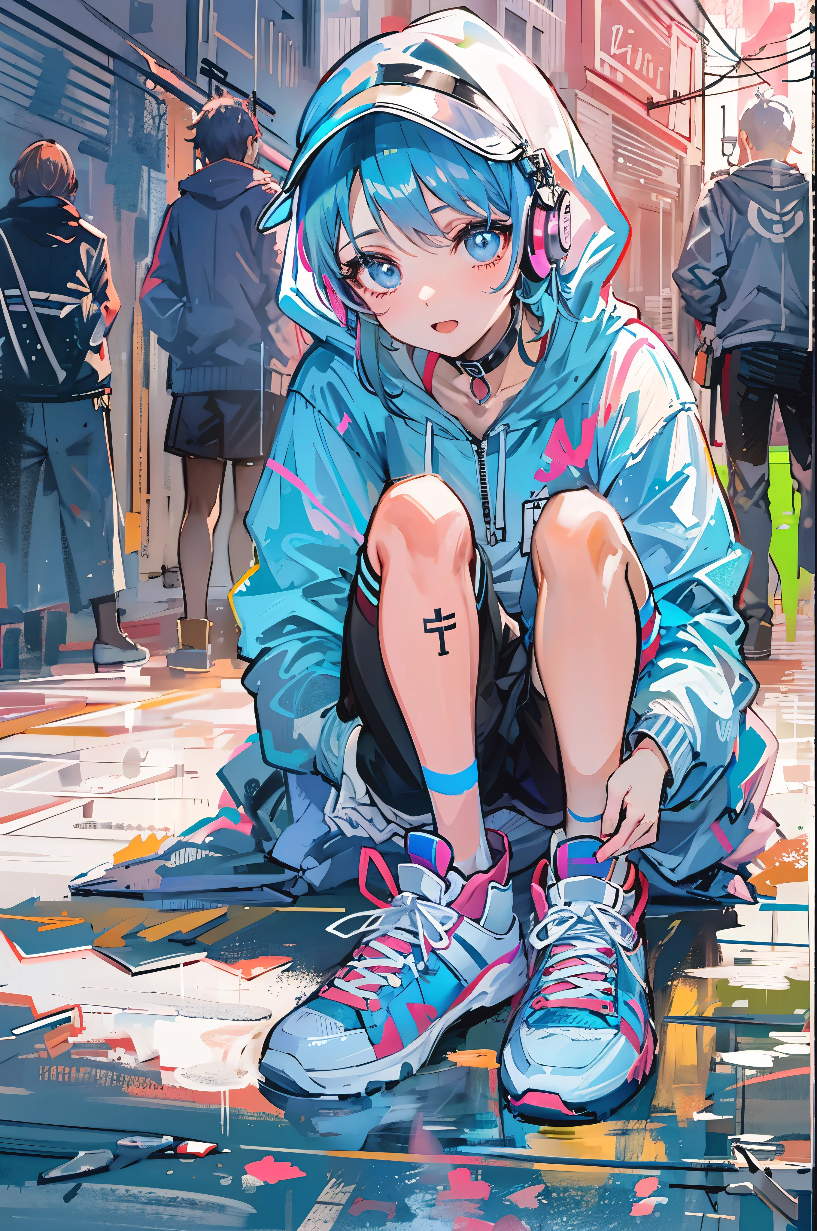 ((8K resolution))、((highest quality))、((masterpiece))、((super detailed))、1 female、solo、incredibly absurd、oversized hoodie、headphones、street、outdoor、rain、neon、short cut hair、bright colored eyes、put one's hand in one's pocket、shorts、water dripping, step piece, cool blue open short jacket, tattoo, Messy Fade Cut Hair,quirky sneakers,Eyeshadow on the eyes,unusual colored eyes, Vivid eyes,